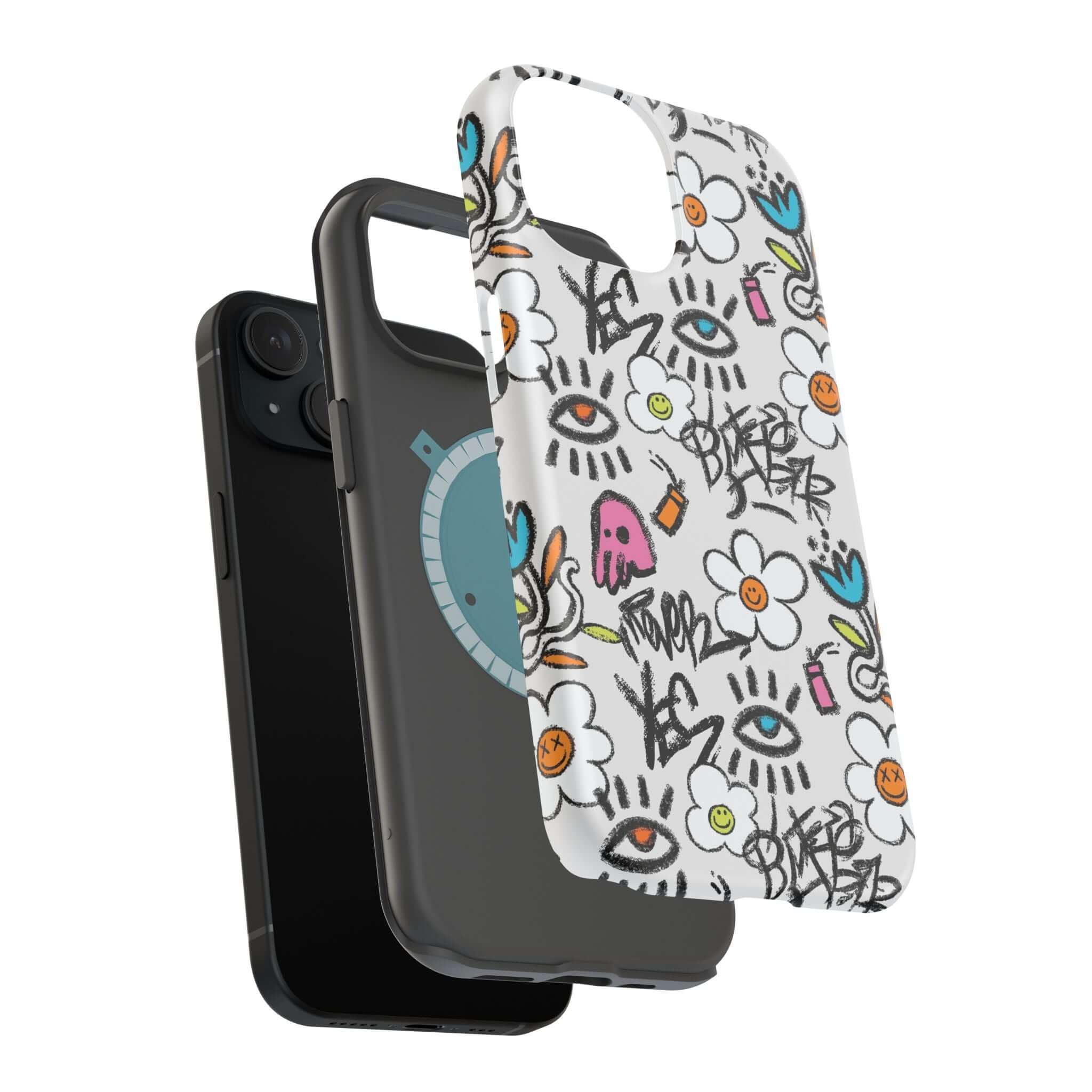 Happy Chaos Floral Graffiti Case showcasing vibrant design and MagSafe technology, perfect cute phone cover for iPhone.