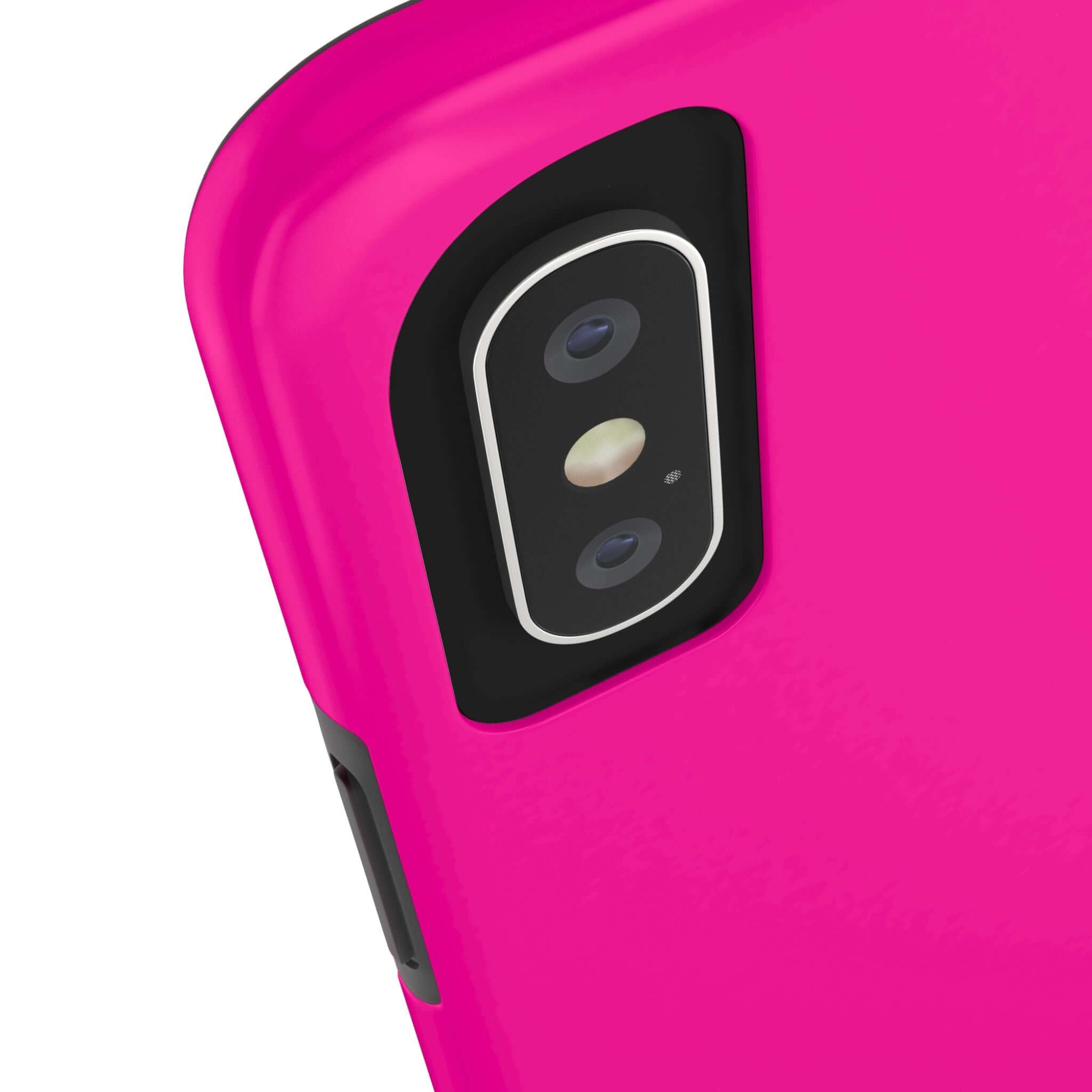 Close-up of a neon pink iPhone case highlighting the camera cutout. Cute design from a top phone case website with free shipping.