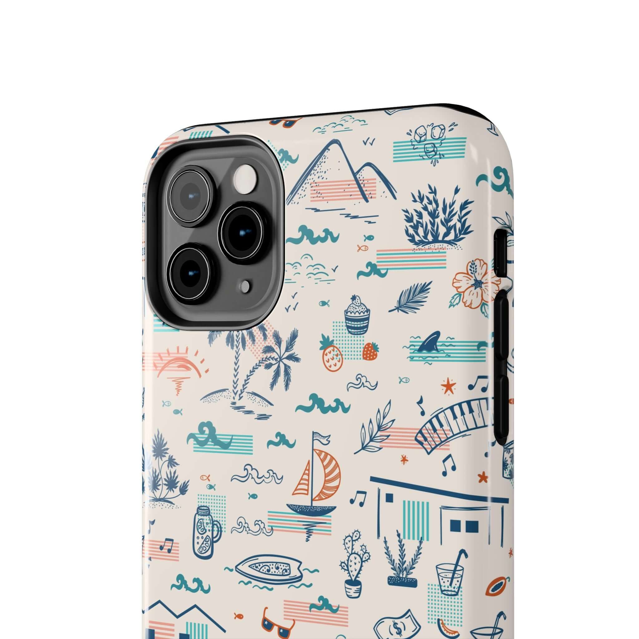 Close-up of colorful Forever on Vacation iPhone case with summer-themed illustrations for iPhone 14 Pro Max.