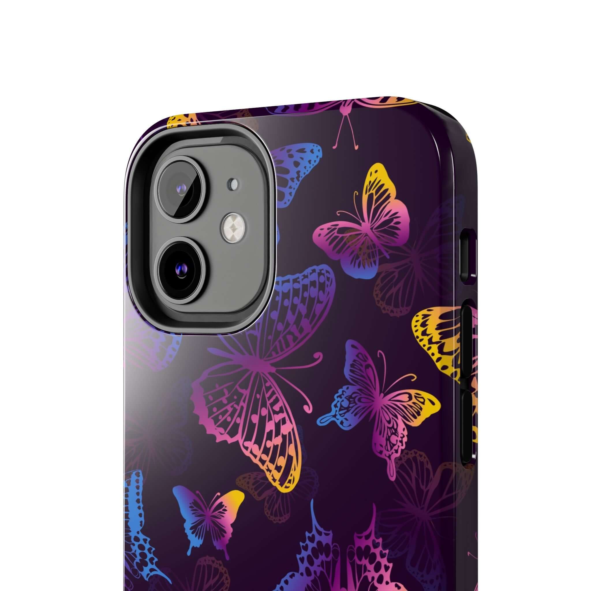 MagSafe iPhone case with vibrant black butterfly design, cute phone cover perfect for any butterfly lover, floral iPhone case.