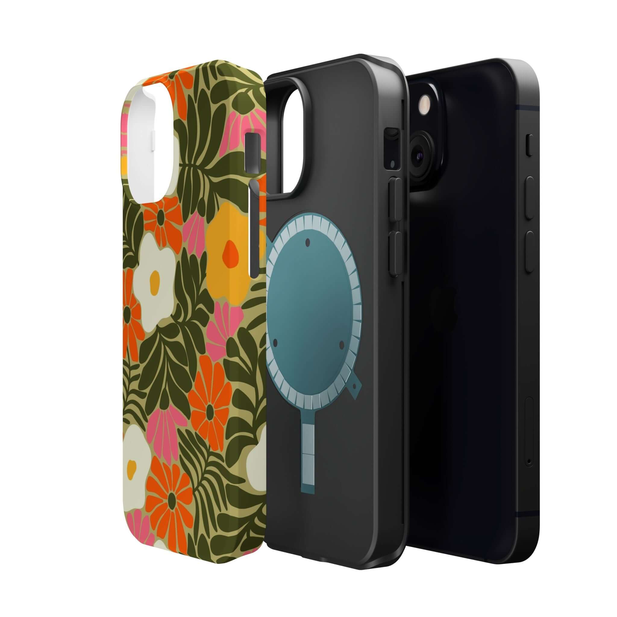 Colorful retro floral iPhone case alongside a sleek black phone case, showcasing fun tropical beach vibes.