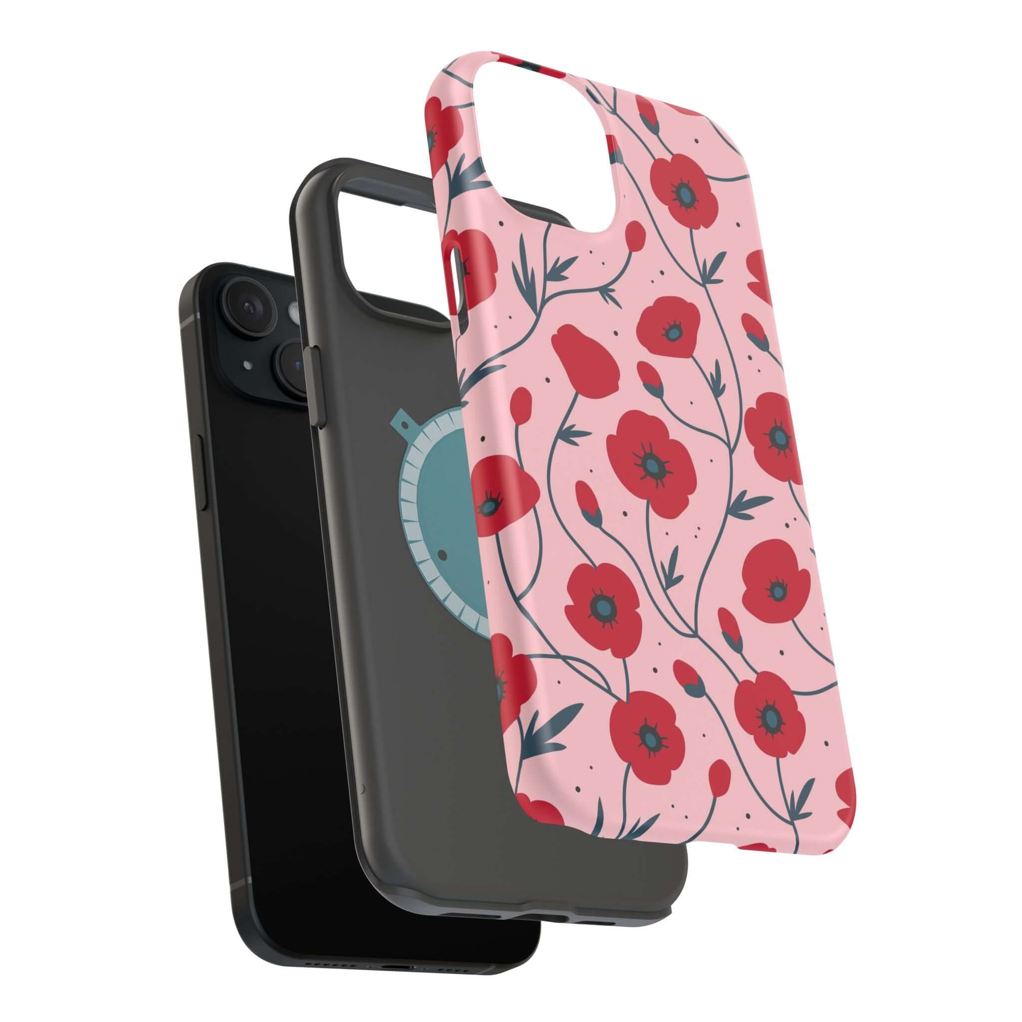 Cute iPhone case with pink poppy floral design, stylish phone accessory offering free shipping, by Pink n Poppy.