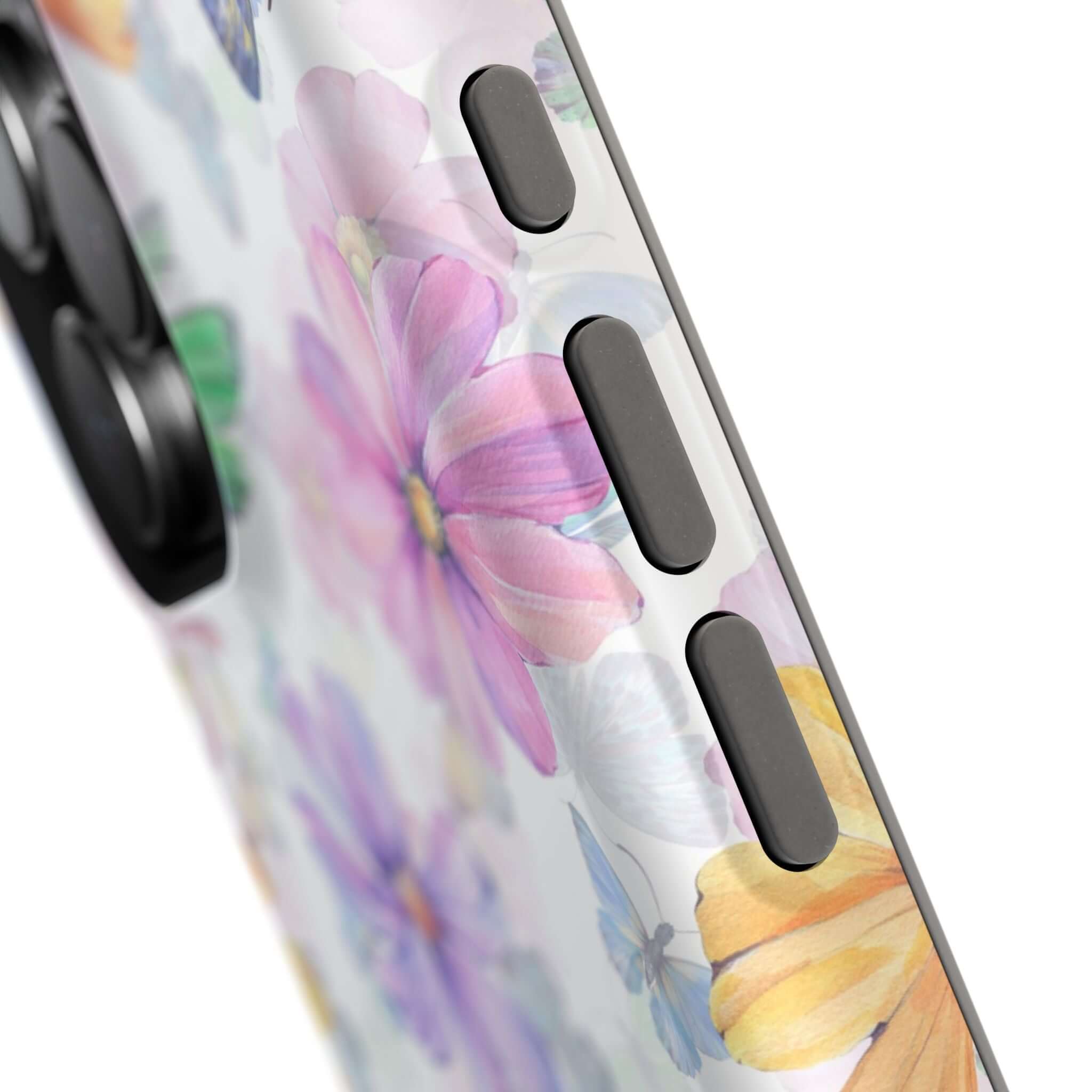 Close-up of Fluttering Blooms Watercolor Butterfly MagSafe iPhone 16 Case with cute pastel flower and butterfly design