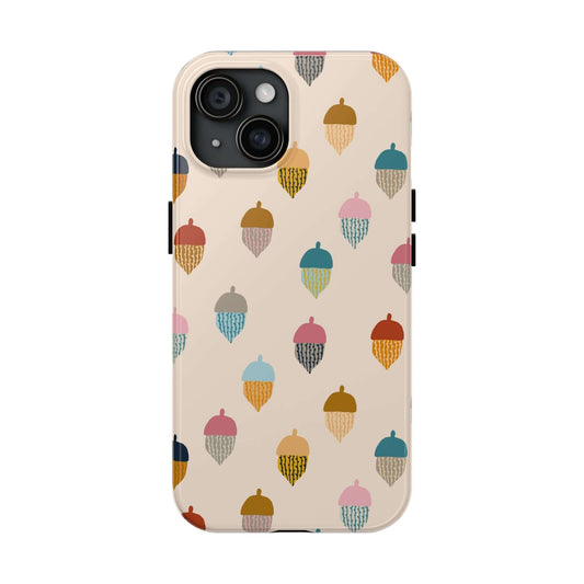 Cute fall acorn phone case for iPhone 15 in autumn colors, perfect for nature lovers and stylish phone protection.