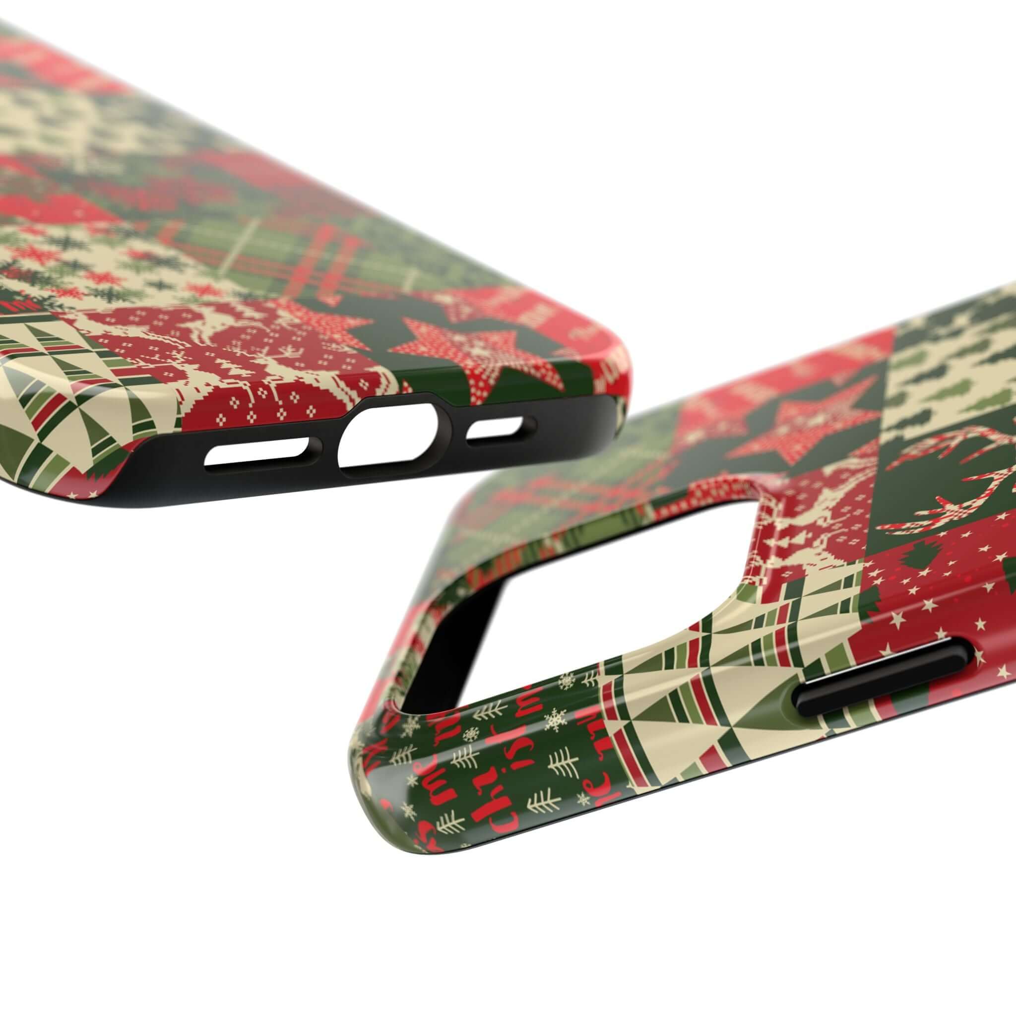 Festive green holiday phone case with Christmas tree and snowflake patterns, perfect cute iPhone case for a cozy winter style.