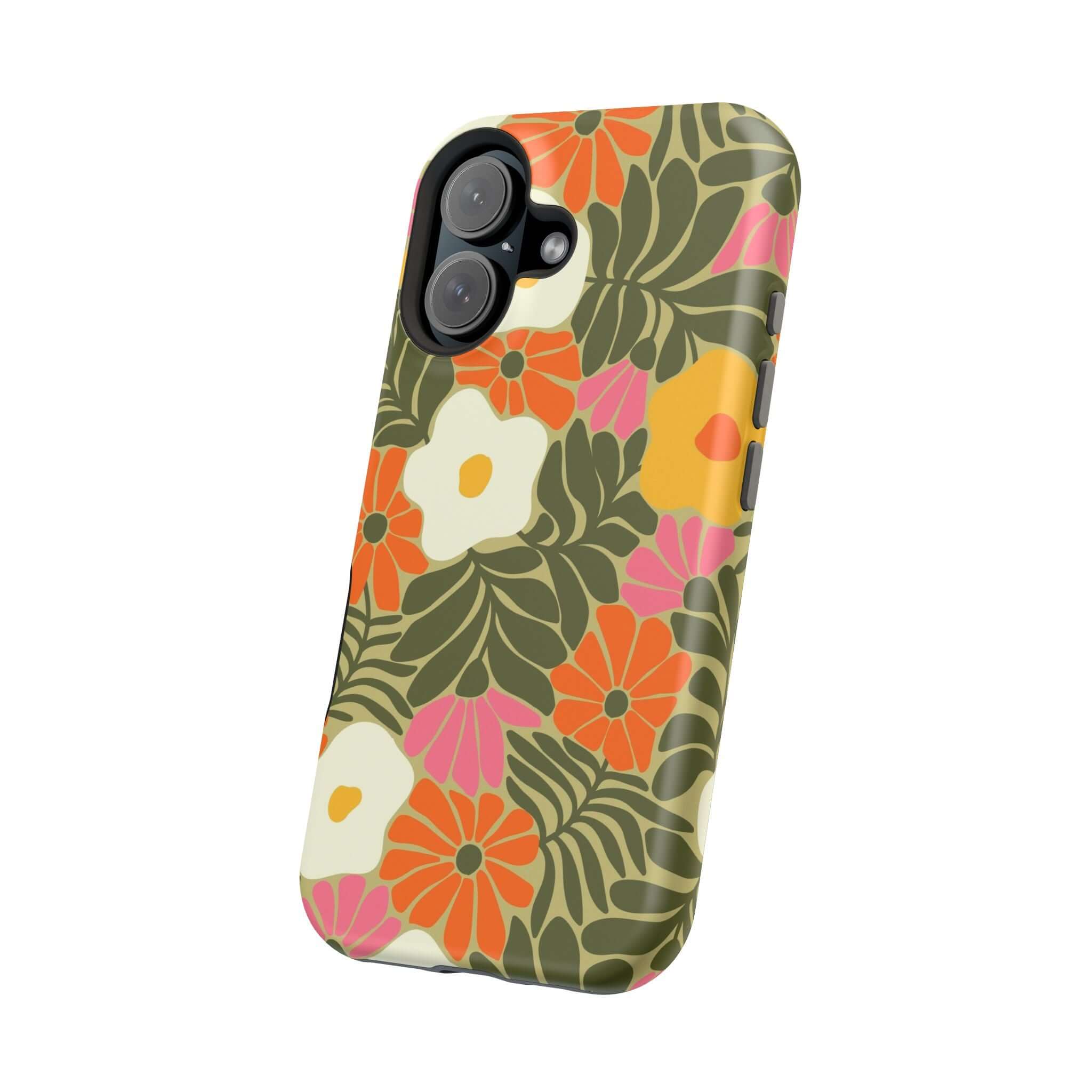 Retro beach vibes phone case with colorful tropical floral design, perfect cute phone cover for Apple iPhone.