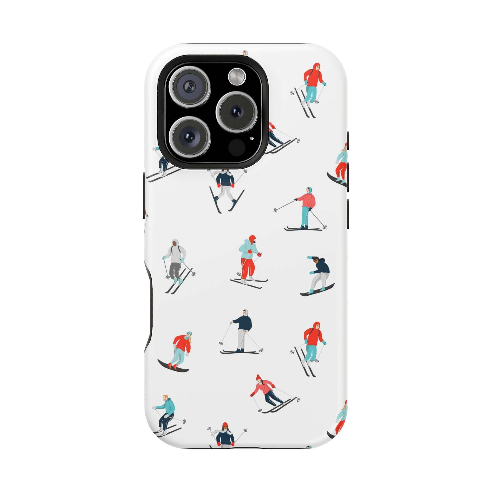 Cute phone cover featuring skiers on the slopes, perfect winter accessory for iPhone enthusiasts.