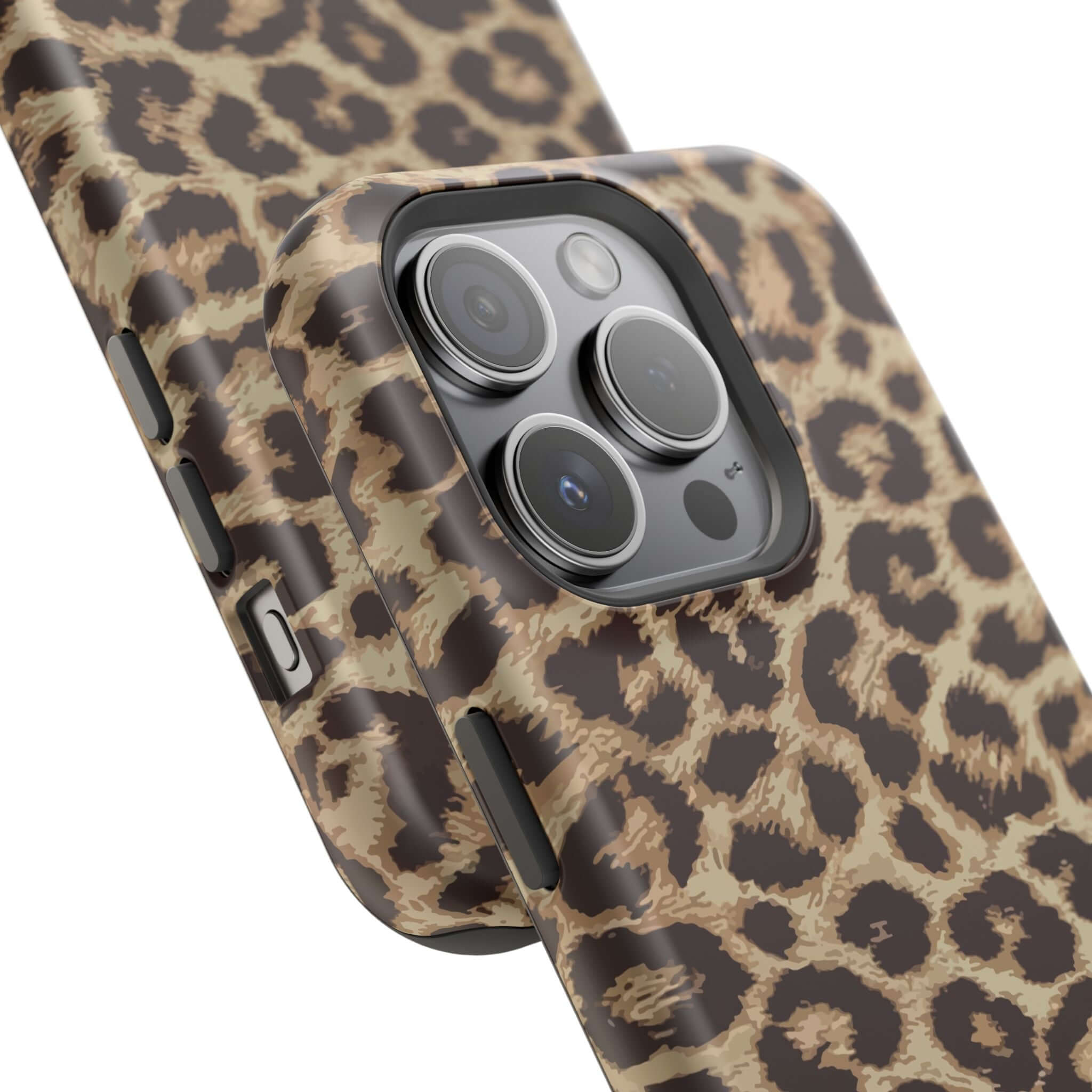 Stylish cheetah print phone case for iPhone 16 with MagSafe compatibility, showcasing bold animal pattern for a cute look.