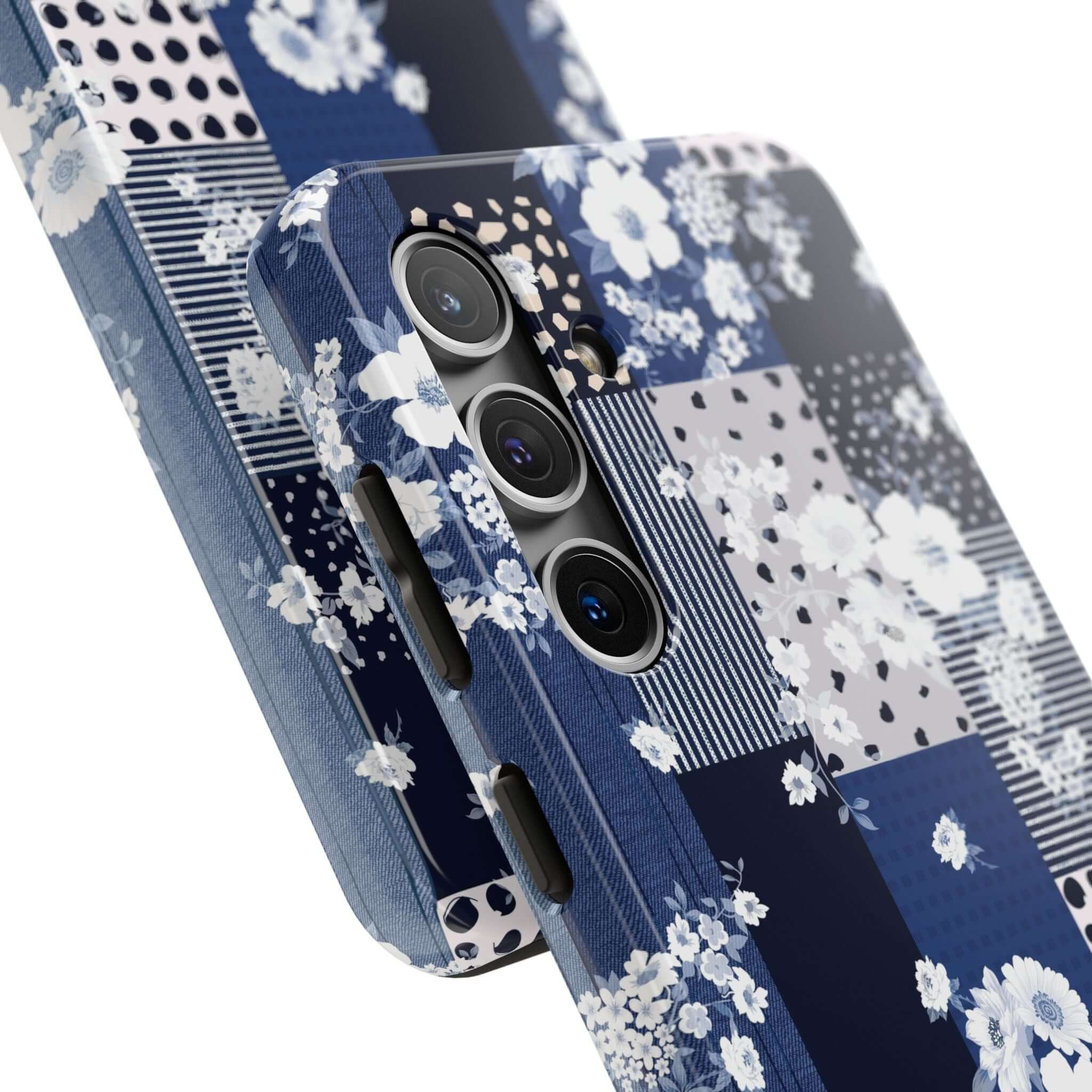 Blue floral patchwork phone case with floral design for iPhone and Samsung phones.