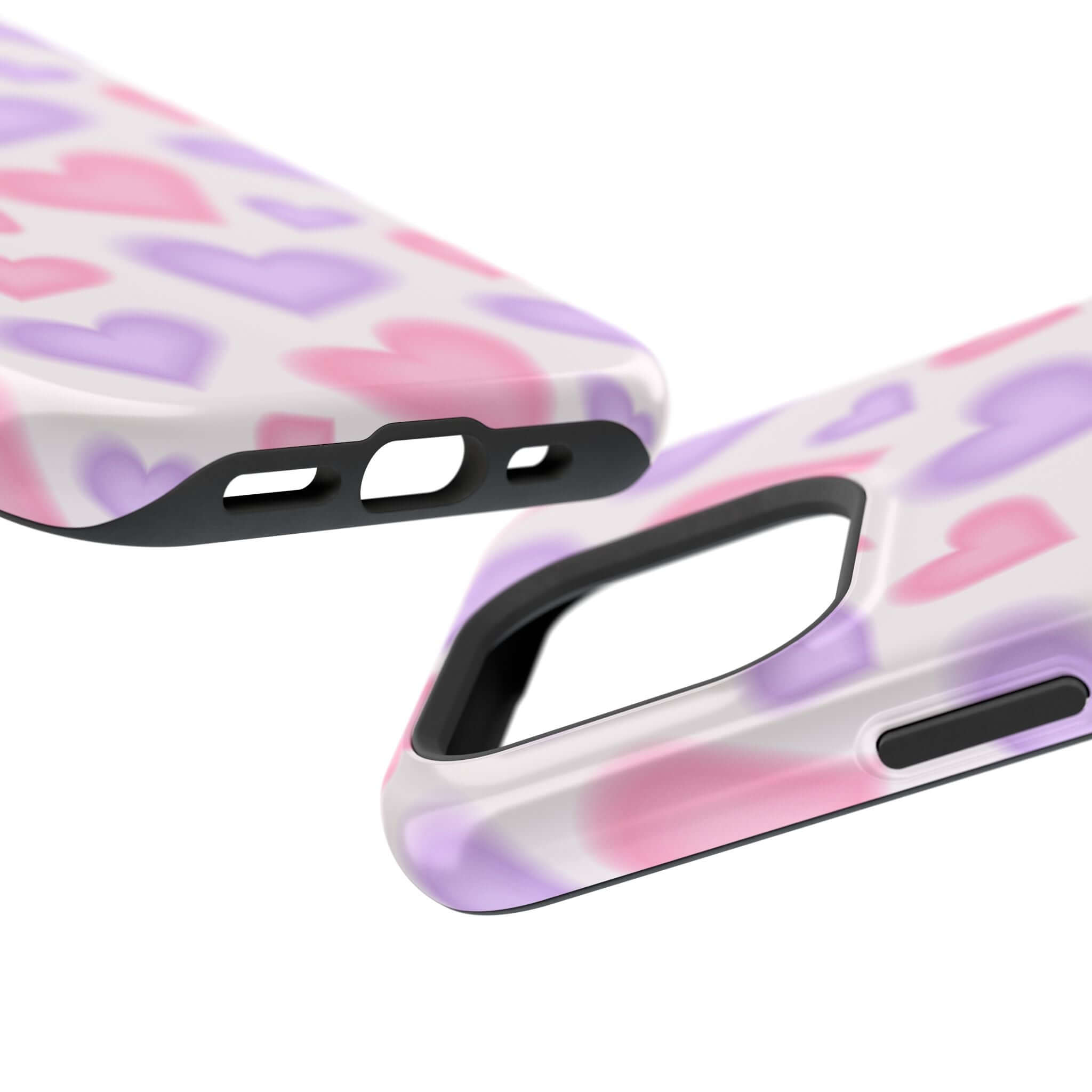 Blurred Love pink hearts iPhone case showcasing MagSafe technology and playful design for a cute phone cover.