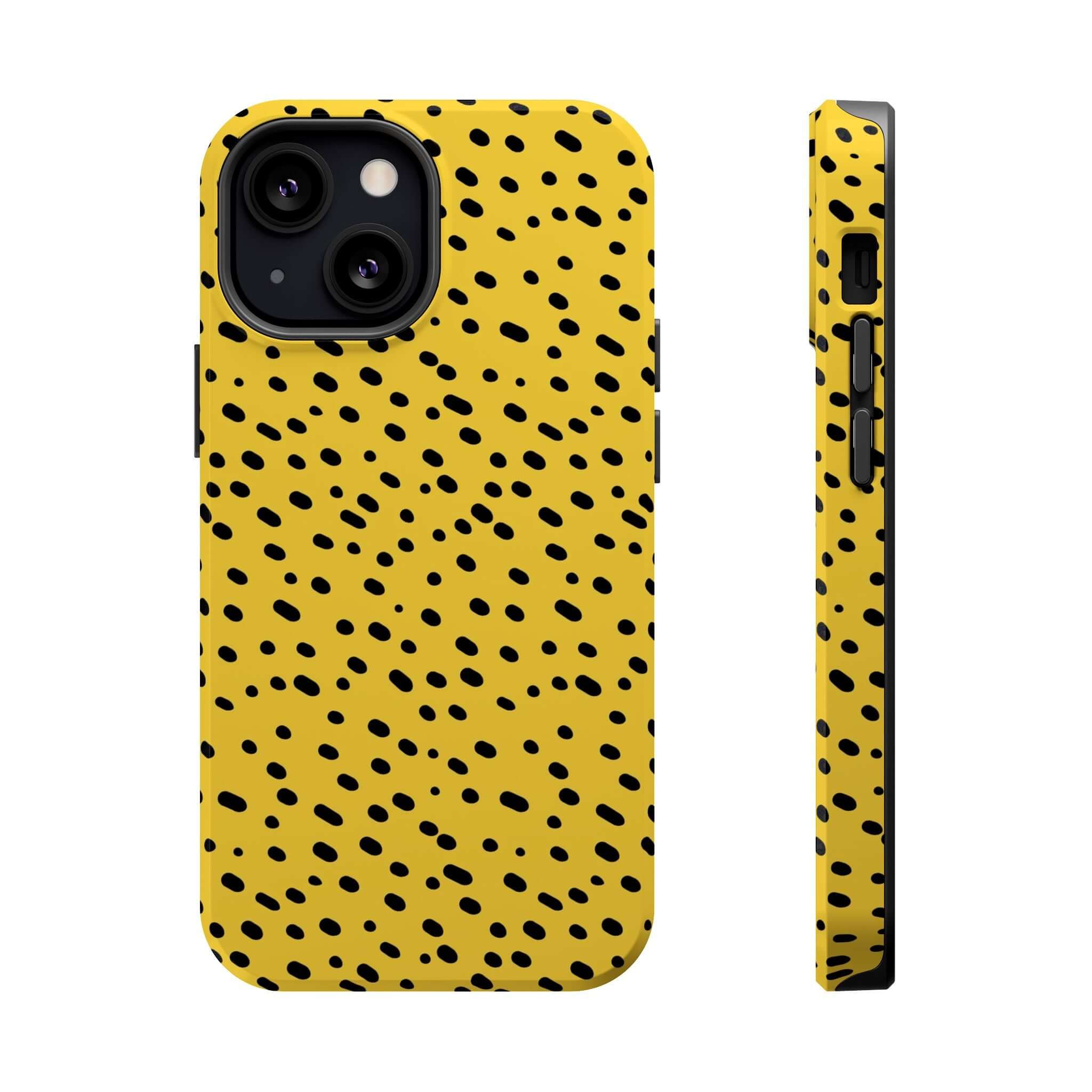 Colorful iPhone case with yellow cheetah spots, featuring a vibrant design and protective MagSafe compatibility. Cute and abstract style.