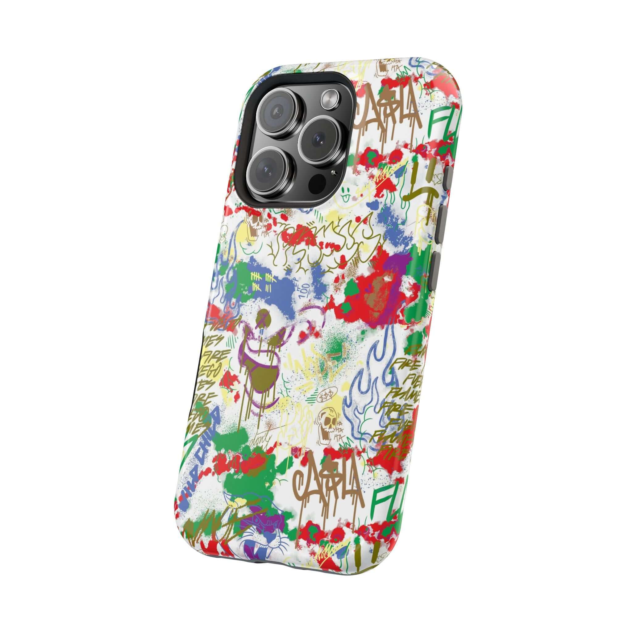 Colorful graffiti phone case featuring street art design for iPhone, combining cuteness and protection in one cover.