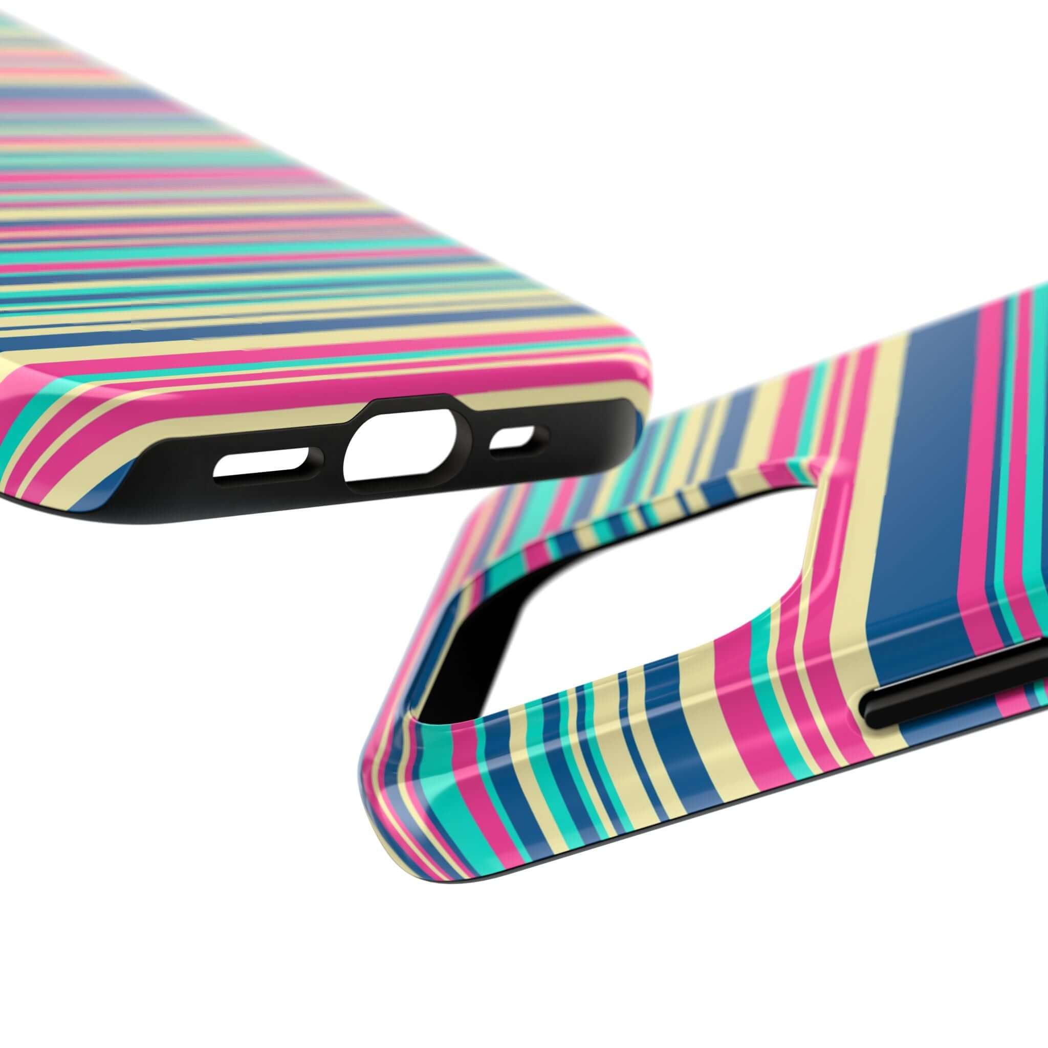 Colorful striped phone case for iPhone 14 and iPhone 15 with vibrant colors, offering stylish protection and free shipping. Cute and playful design.