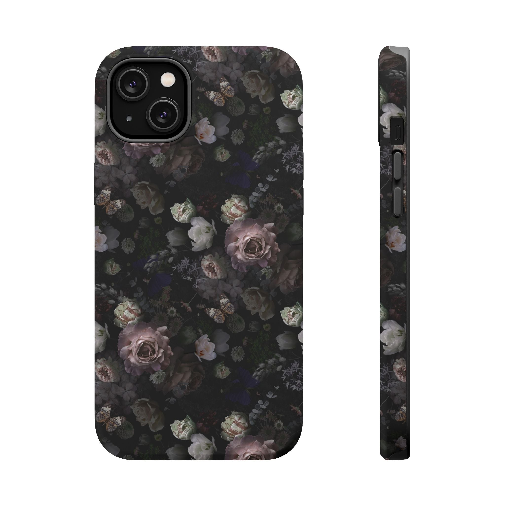 Midnight Curse black floral MagSafe iPhone case with roses, cute phone cover for style and protection.