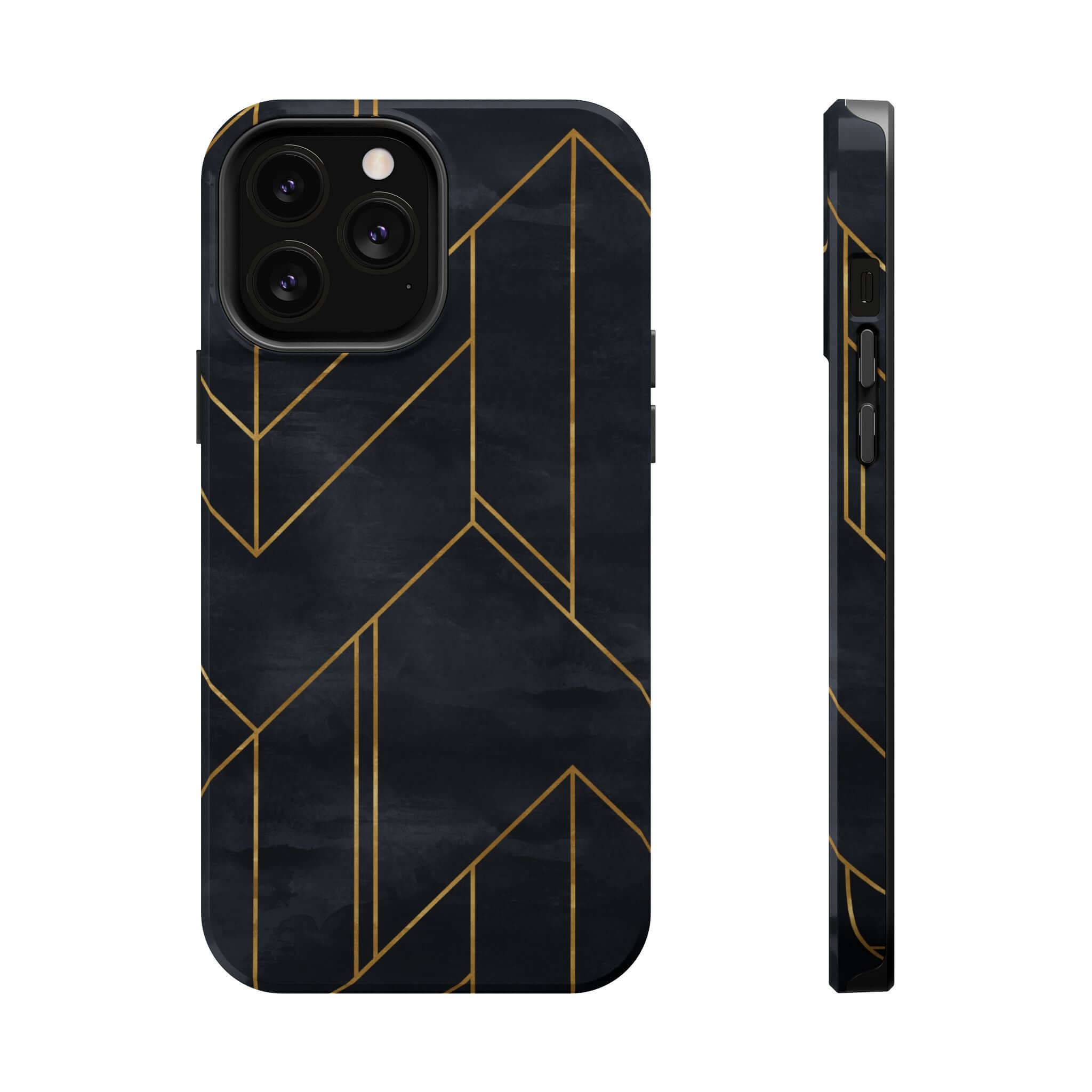 Modern geometric iPhone case with sleek black and gold abstract design, offering trendy urban style and protection.