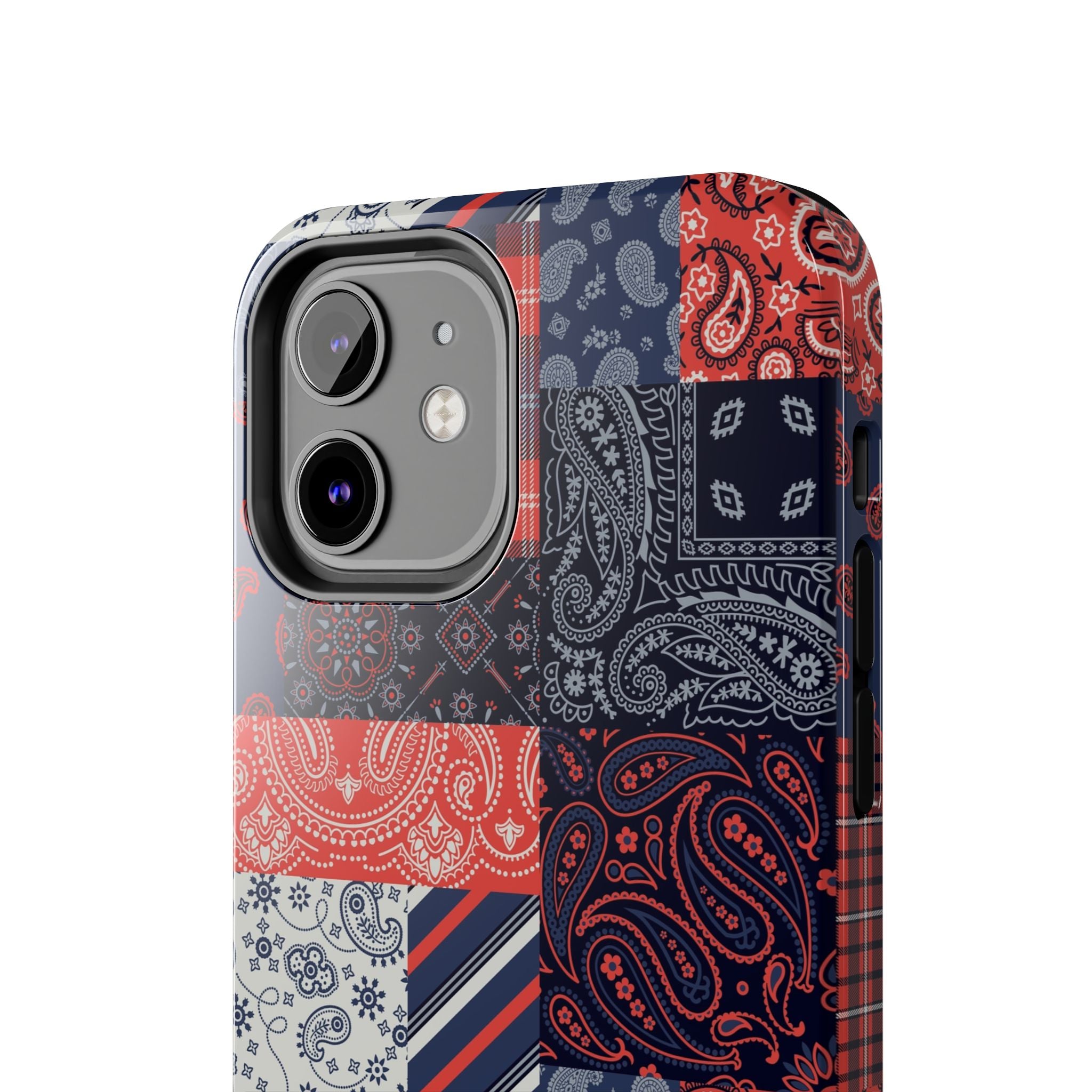 Bandana Patchwork iPhone 14 Pro case with cute boho design, perfect for bookish and fashion-forward individuals.