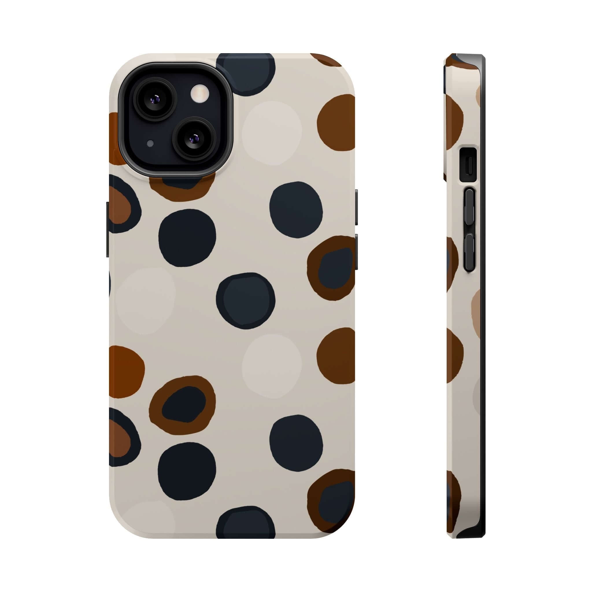 Colorful iPhone case with modern brown and black spots, perfect for the chic wanderer. Cute and abstract phone design for style lovers.