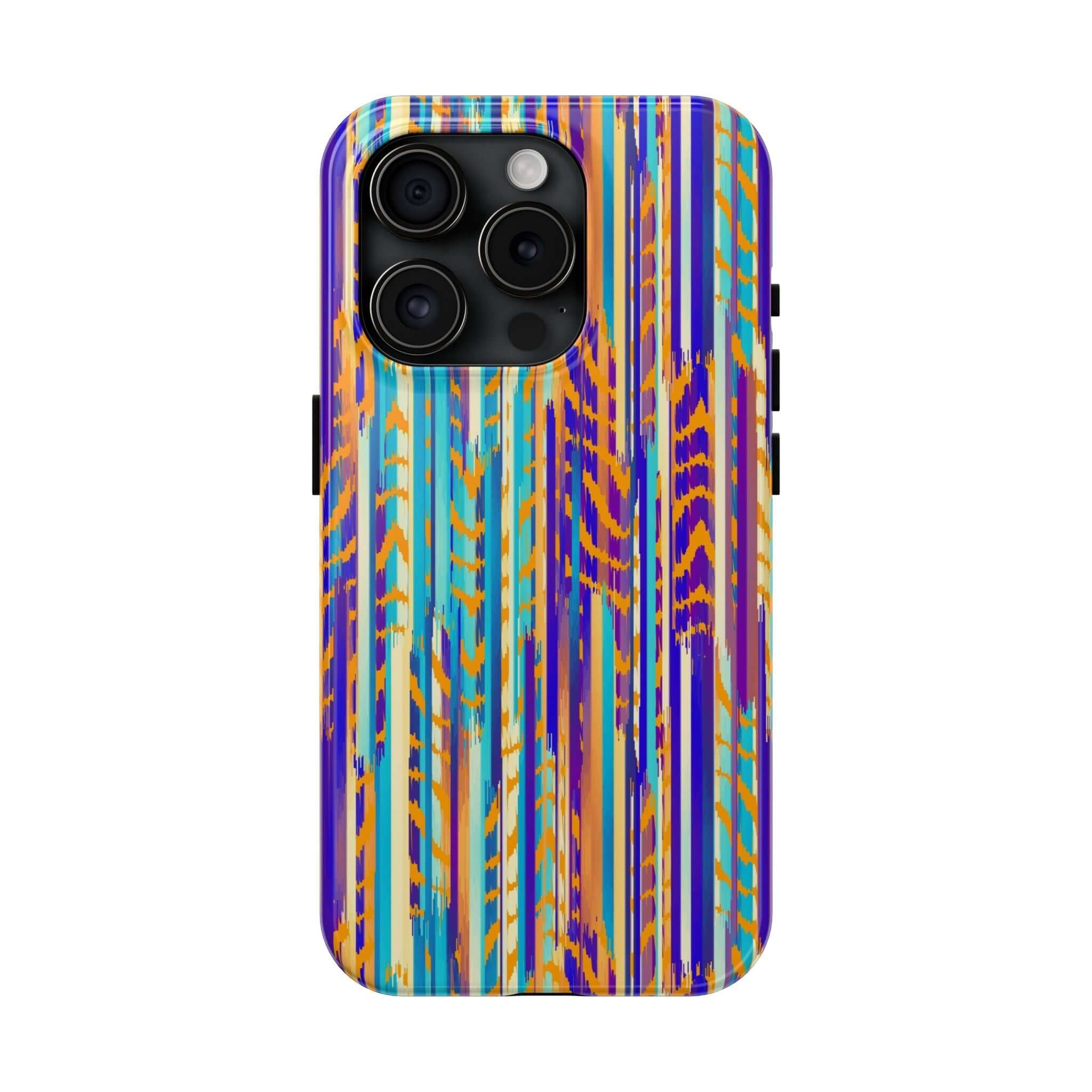 Colorful abstract tie dye iPhone case with vibrant stripes, showcasing a unique and cute design ideal for phone protection and style.