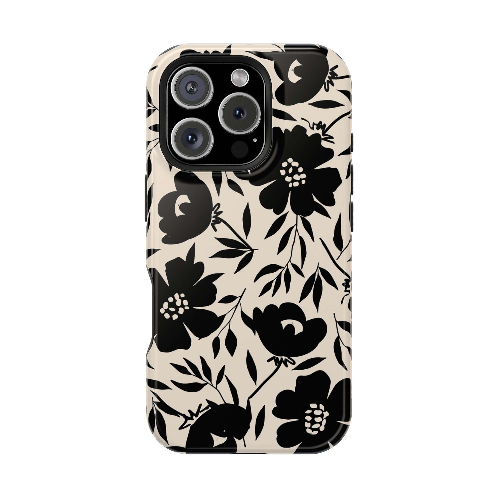 Cute Eclipse Garden Black Floral Case for iPhone 16 featuring bold flower design, perfect for a unique and stylish look.