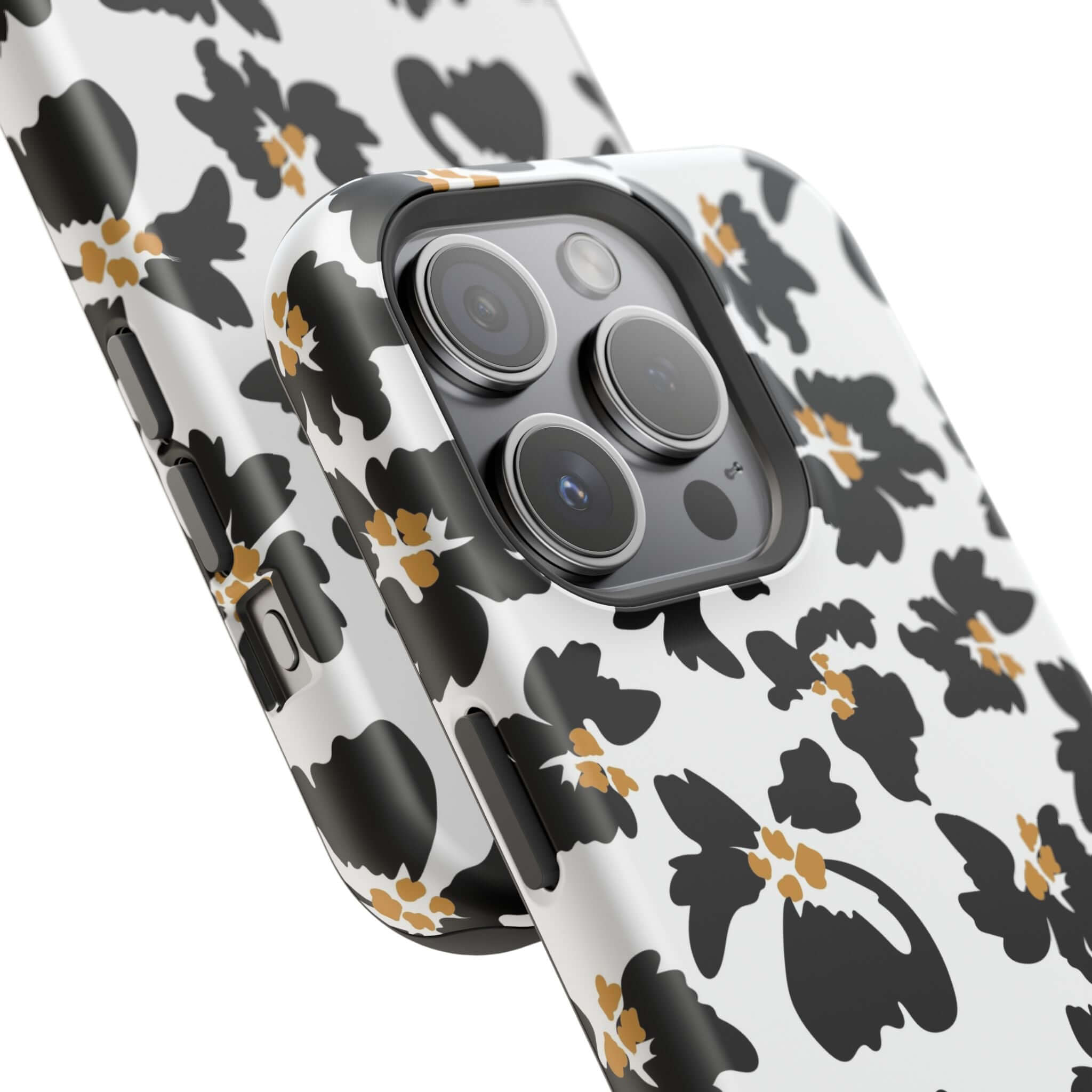 Stylish Noir Flora black floral case with modern animal print design for iPhone, featuring cute MagSafe compatibility.