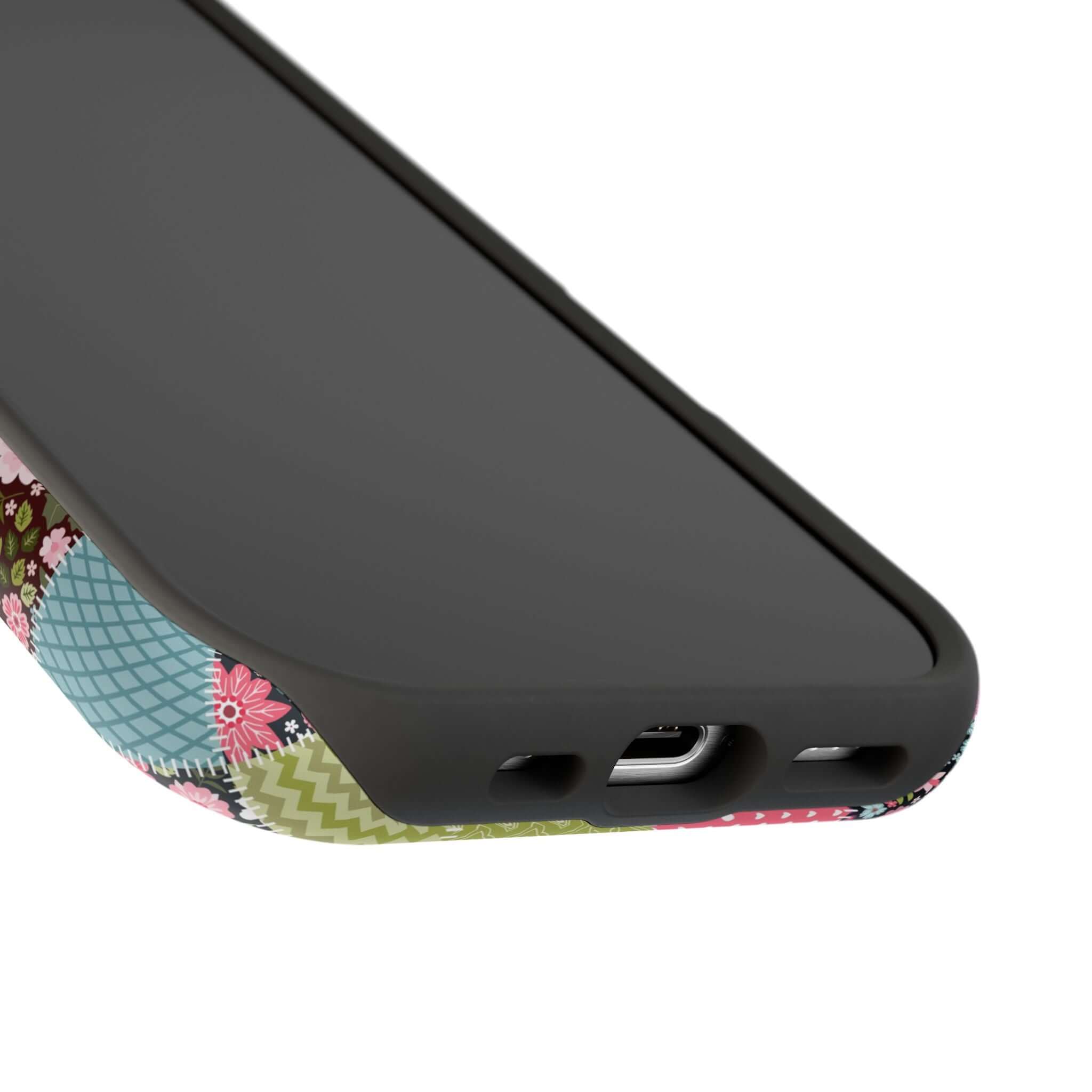 Colorful floral MagSafe iPhone case with wildflower patchwork design, perfect for adding a cute, free-spirited touch to your phone cover.