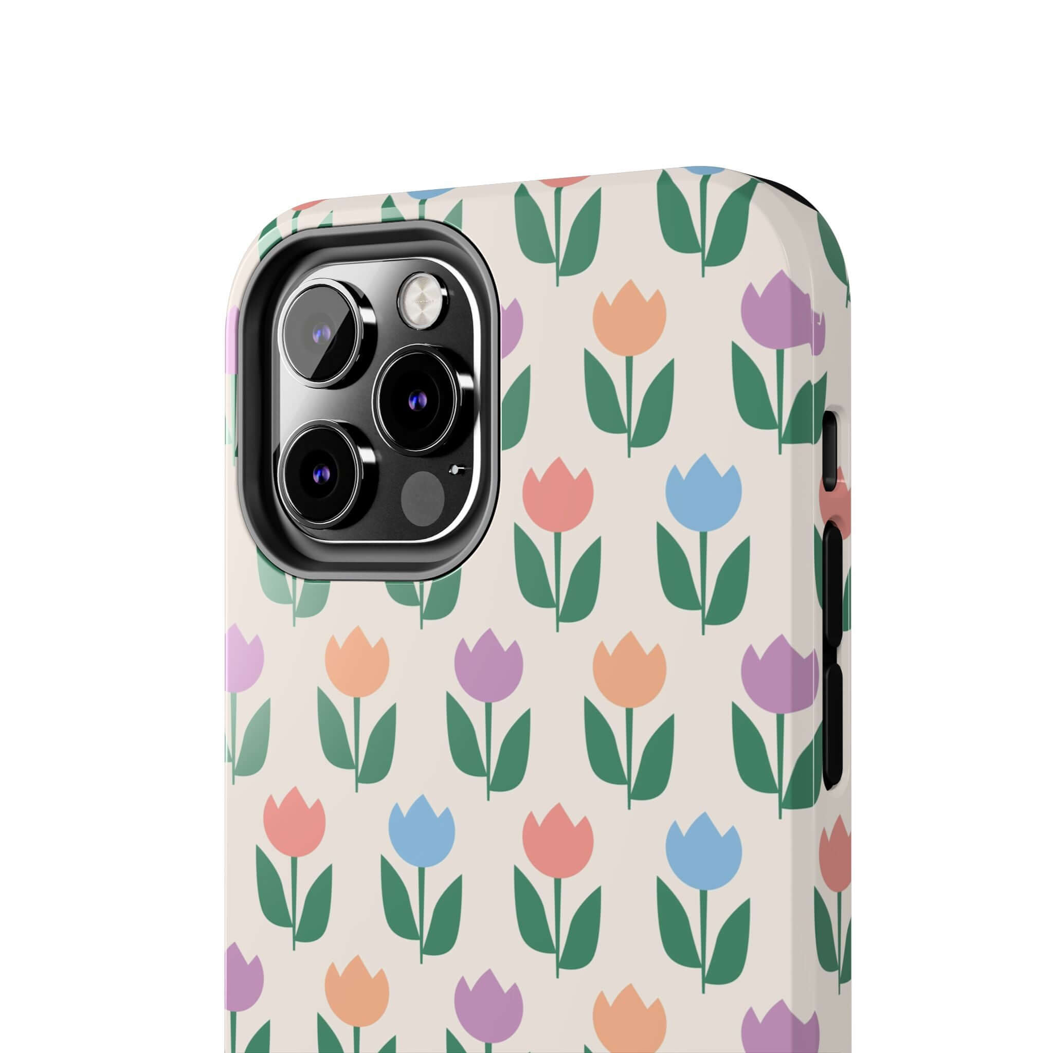 Colorful tulip phone case on iPhone 14 Pro Max showing vibrant floral design