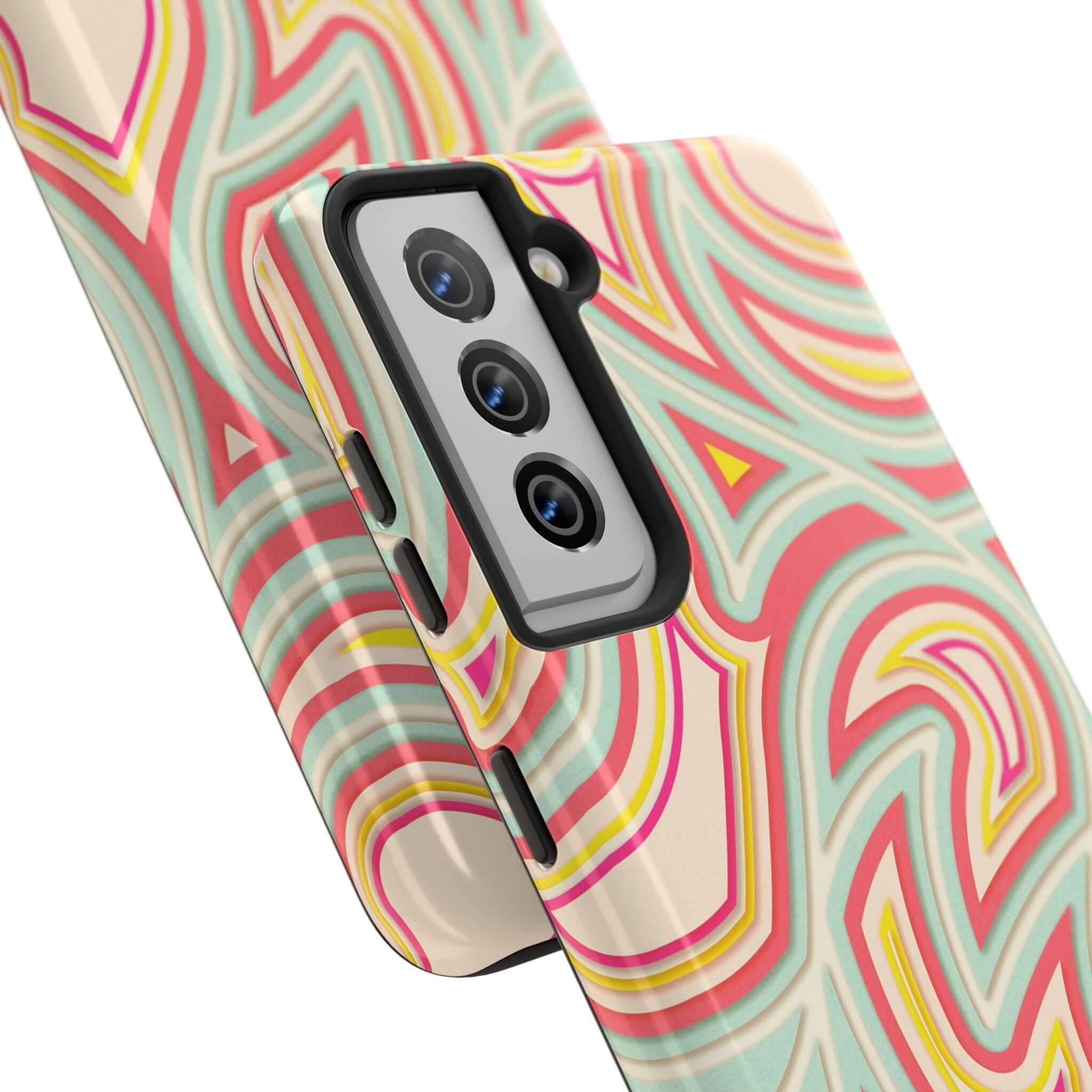 Phone case for Samsung with colorful retro abstract design featuring groovy waves and playful patterns in cream, pink, and teal.