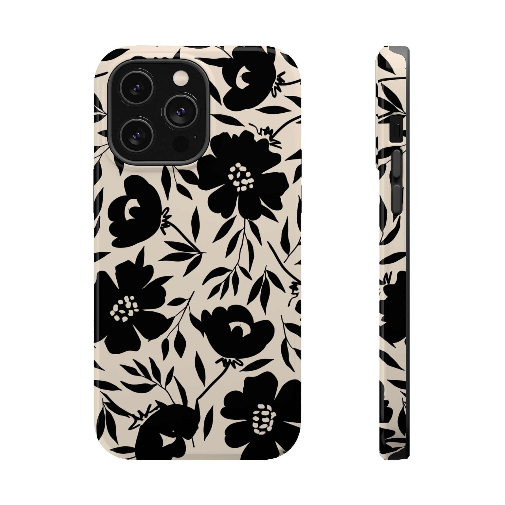 Black floral phone case for iPhone 16, Eclipse Garden design, cute and bold accessory.