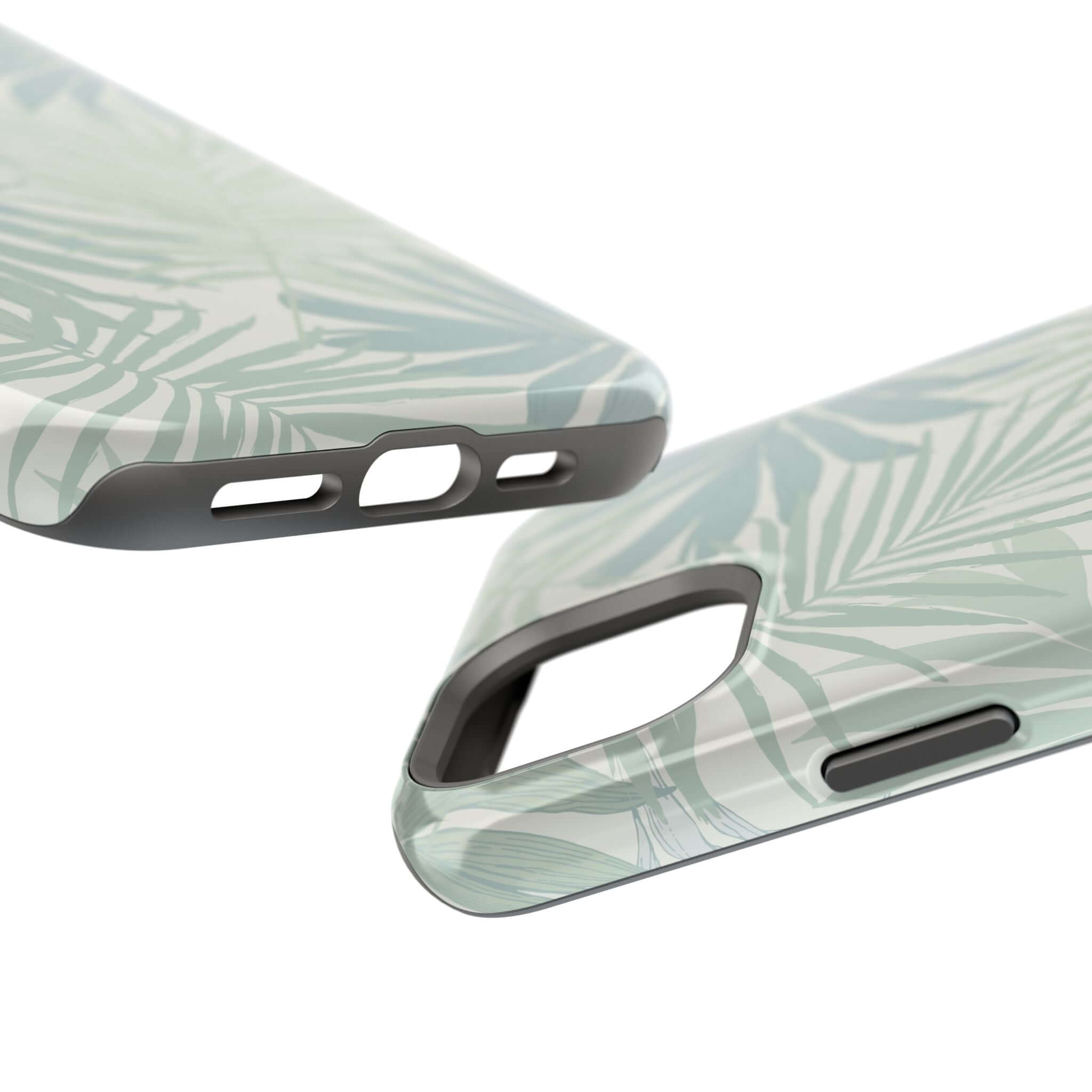 Cute Teal Tropical iPhone case with palm tree design and MagSafe technology, free shipping, ideal for summer - pastel green close-up view