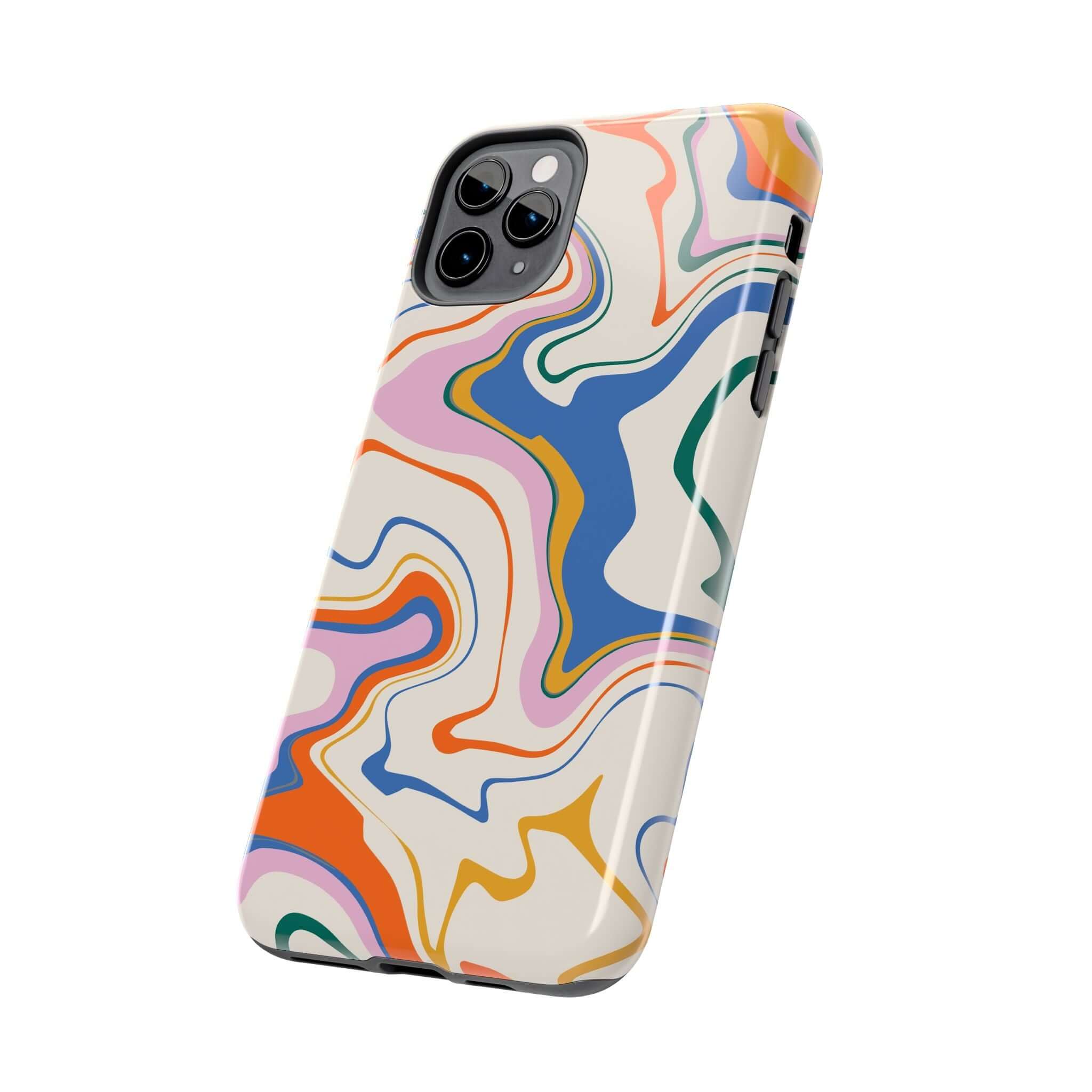 Colorful abstract swirl design phone case for iPhone 14 Pro Max and Samsung S23, perfect for adding a cute touch to your device.