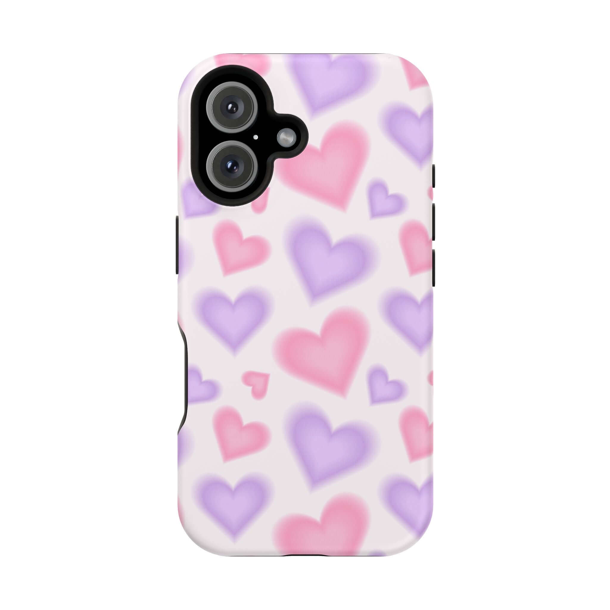 Cute phone cover with blurred pink and purple hearts, perfect for Apple iPhone, adding a playful touch to your device.