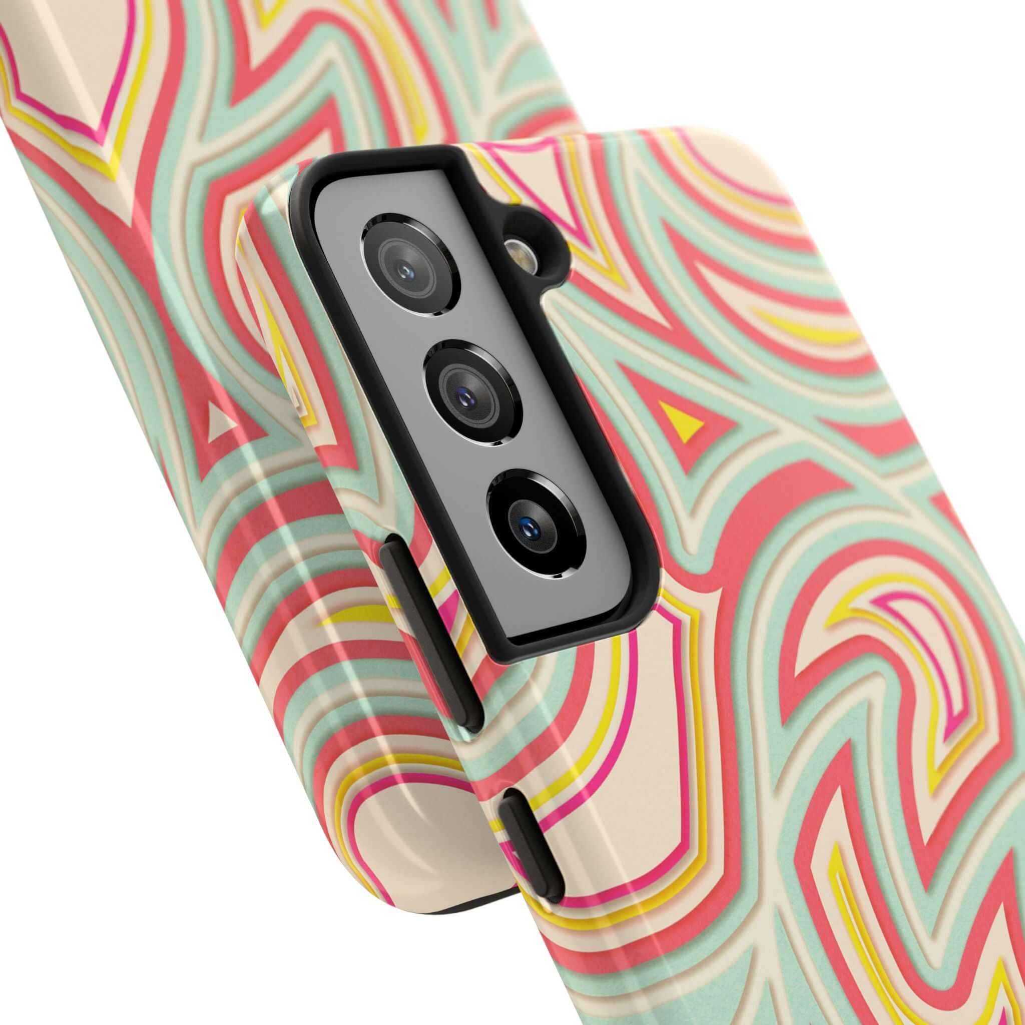 Retro abstract phone case with colorful groovy waves design on a Samsung phone, combining funky style with protection.