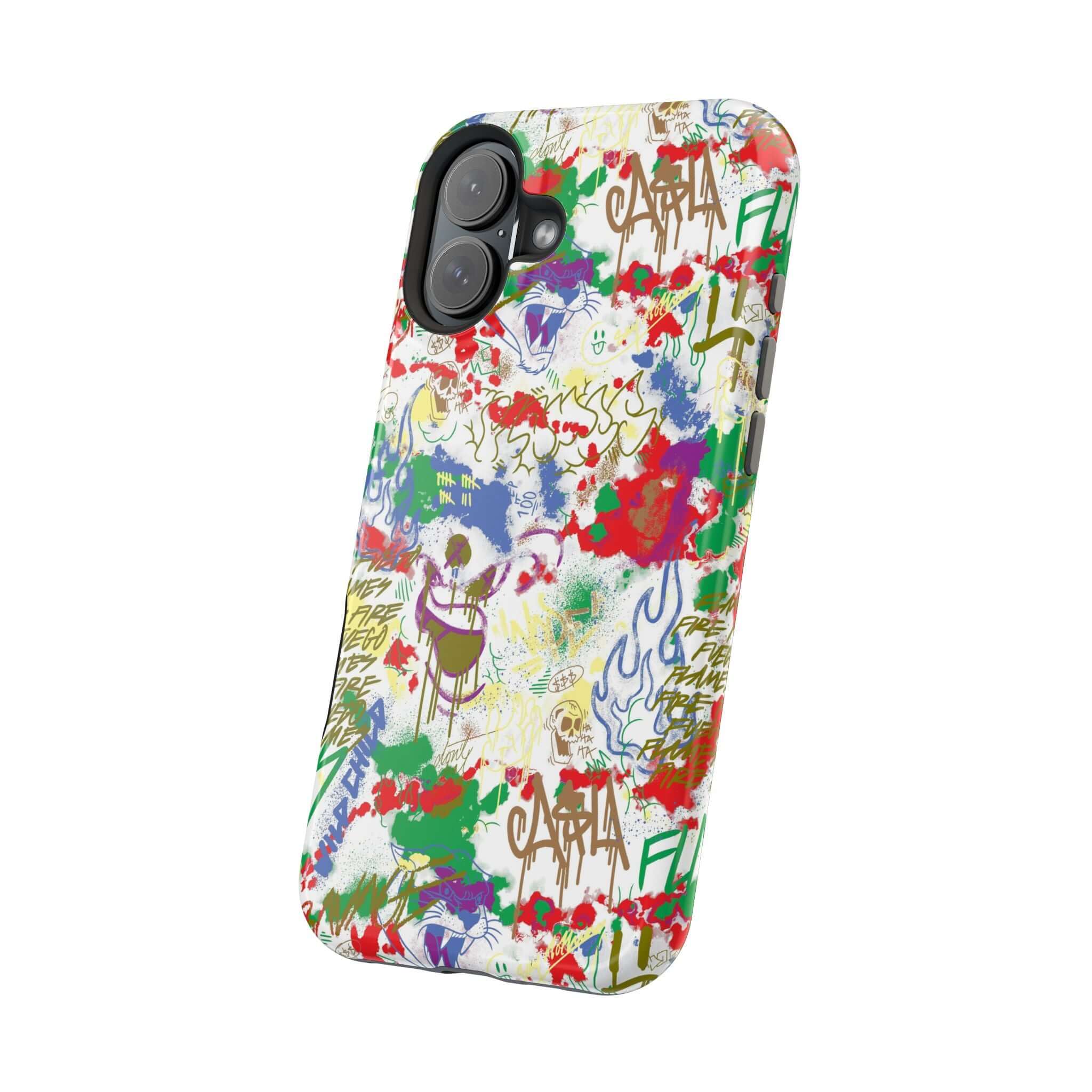 Colorful graffiti phone case featuring street art design, perfect cute phone cover for iPhone lovers.