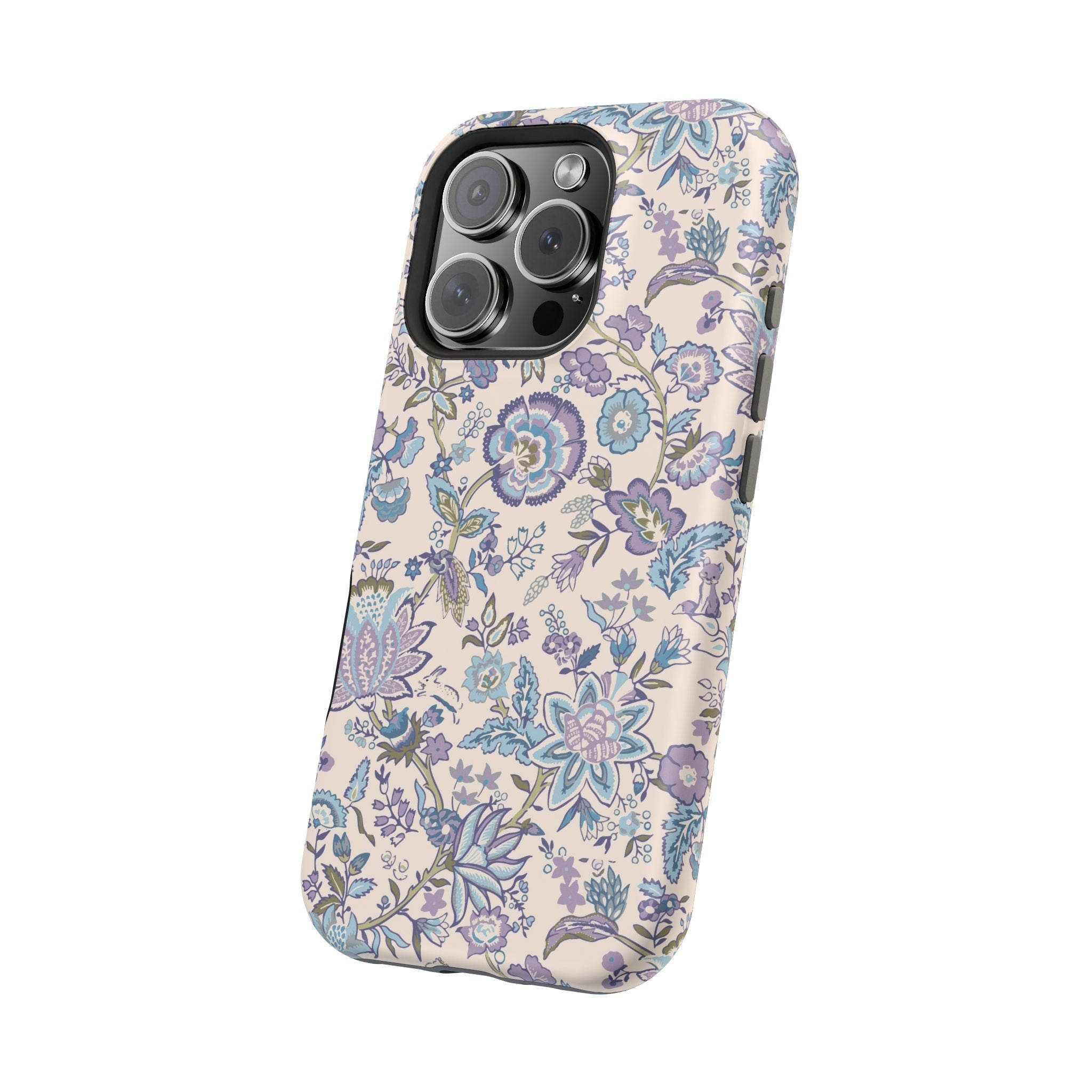 Blue CottageCore floral MagSafe iPhone case, perfect cute phone cover with whimsical garden design for nature lovers.