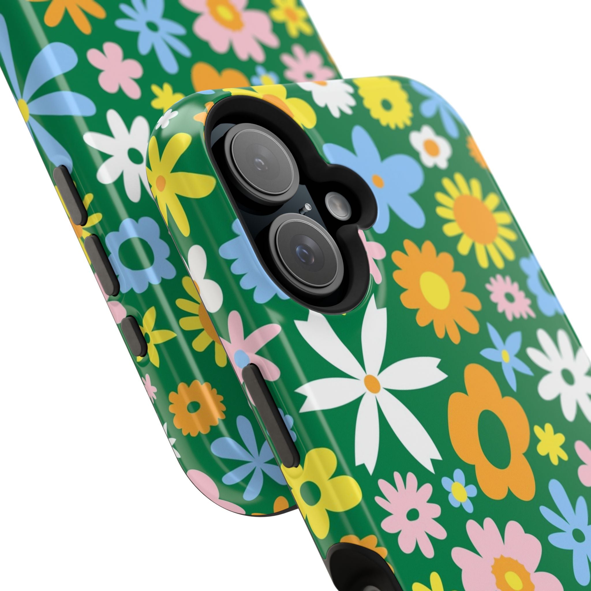 Floral iPhone case with hippie design, colorful flowers on green. MagSafe compatible, cute phone cover for stylish protection.