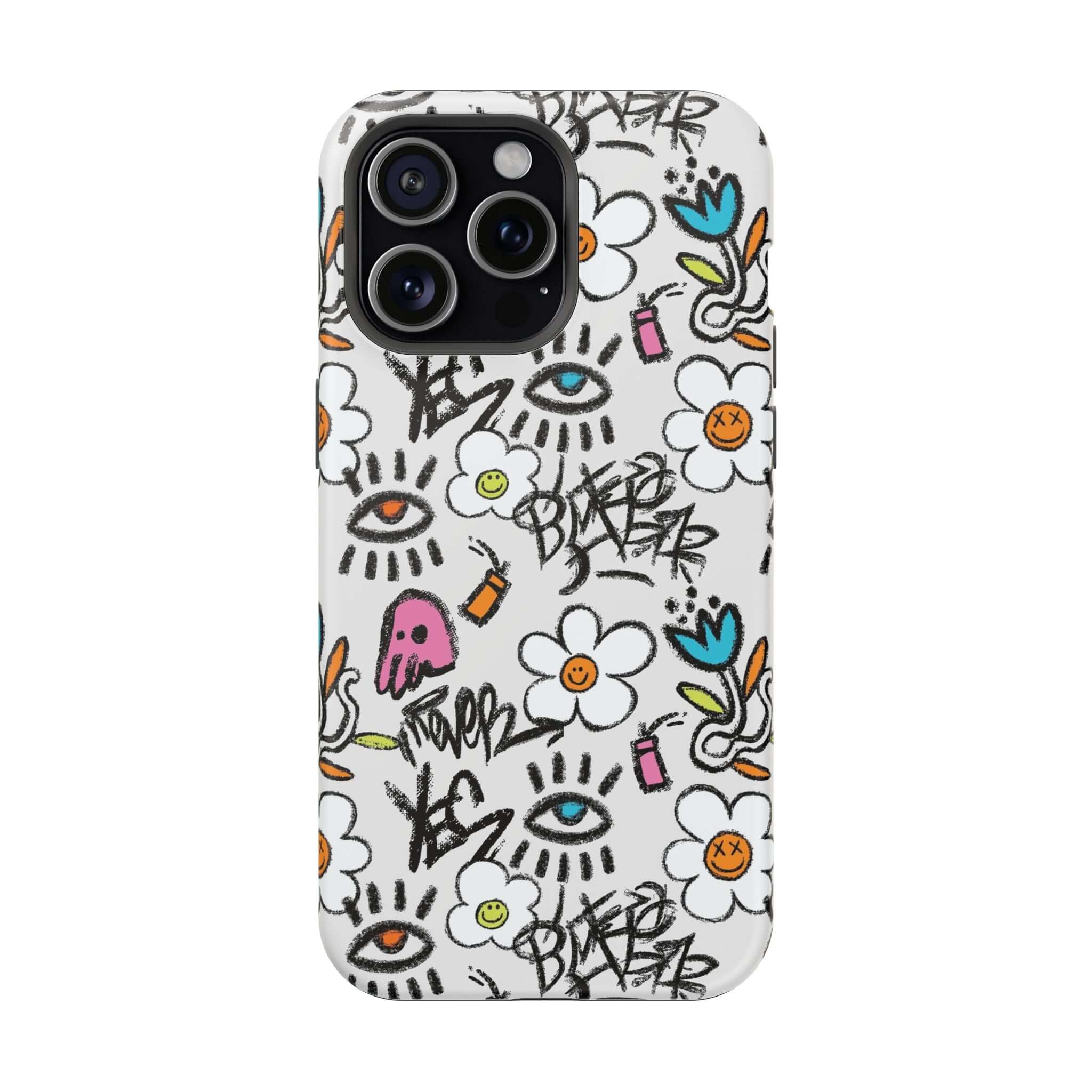 Happy Chaos floral graffiti case with cute designs, perfect phone cover for iPhone lovers seeking vibrant style.