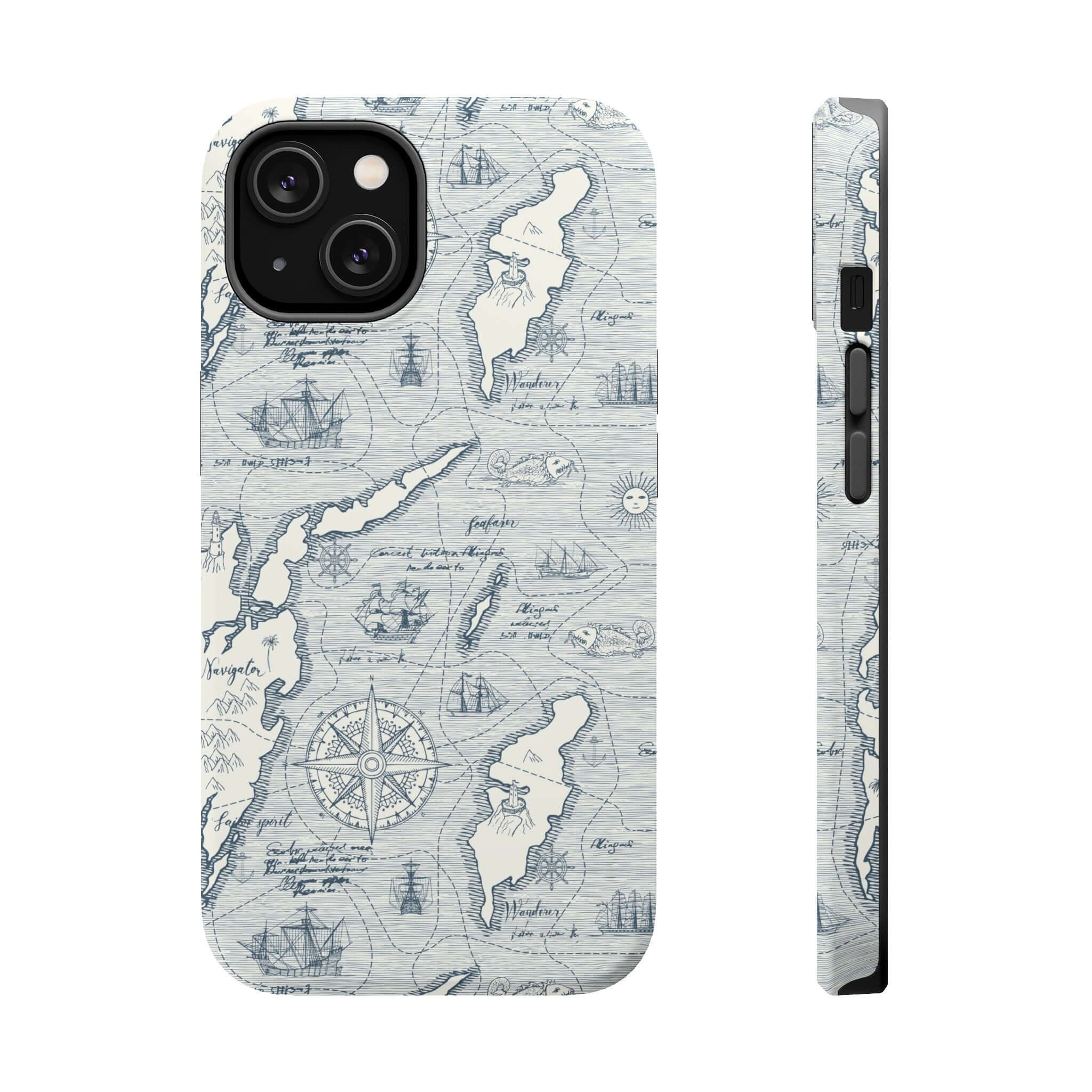 Nautical iPhone 14 Pro Max phone case featuring a teal pirate map design with MagSafe technology, side and back view