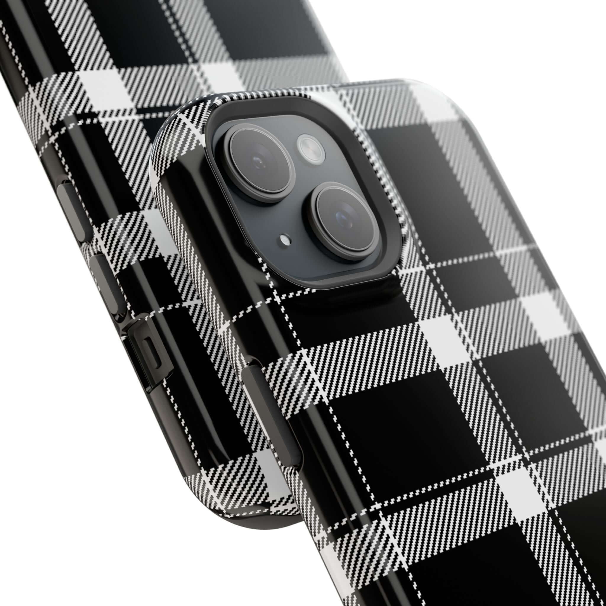 Black plaid iPhone case close-up, showcasing a cute phone cover for stylish protection. Perfect for fashion-forward individuals.