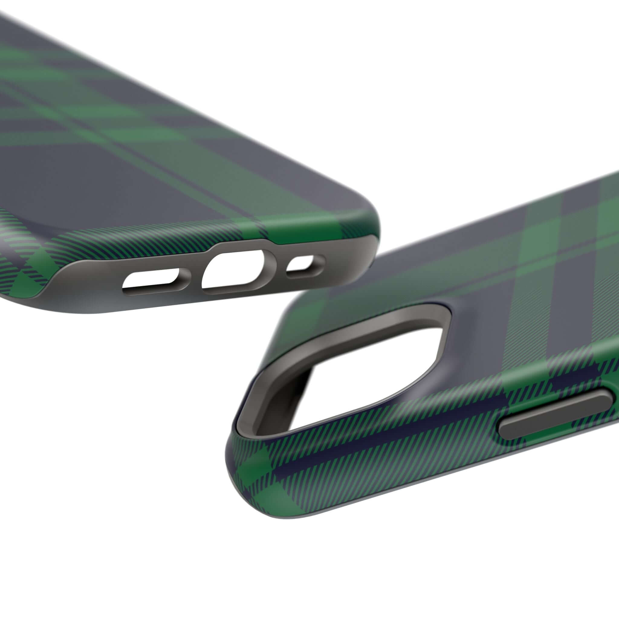 Close-up of Mistletoe Plaid MagSafe Case, showcasing festive green plaid design. Perfect cute phone cover for the holidays!