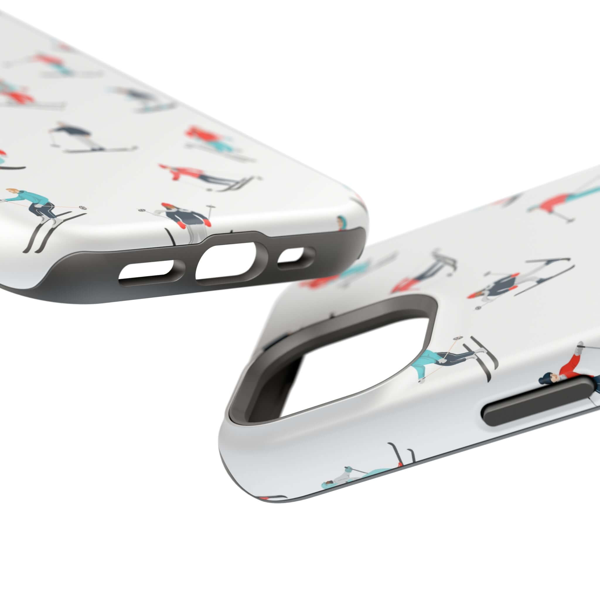 Cute phone cover featuring skiers on a snowy background, perfect for winter sports lovers and MagSafe compatible.