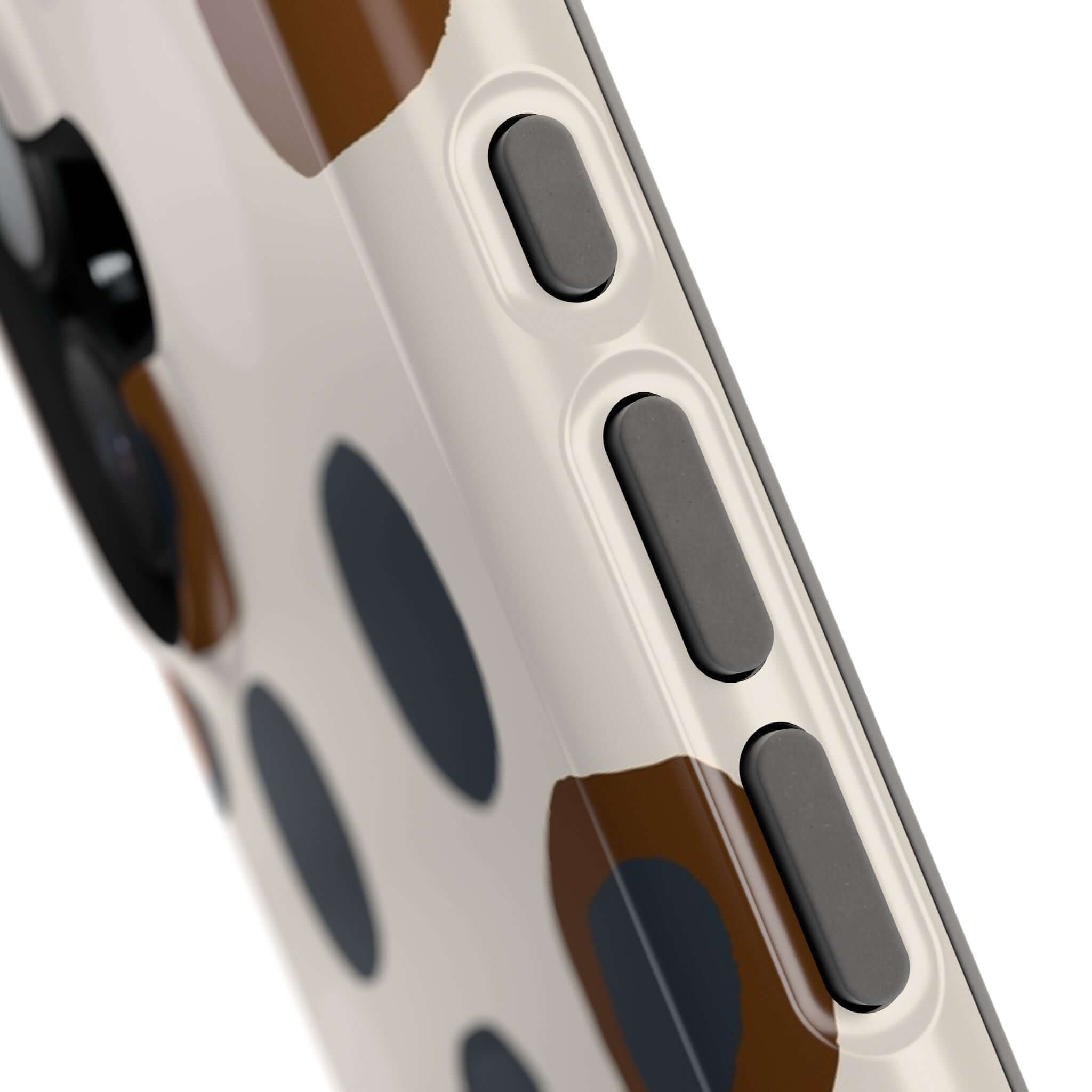 Close-up of Chic Wanderer Modern Spots MagSafe iPhone case with abstract brown spots, showcasing buttons and stylish design.