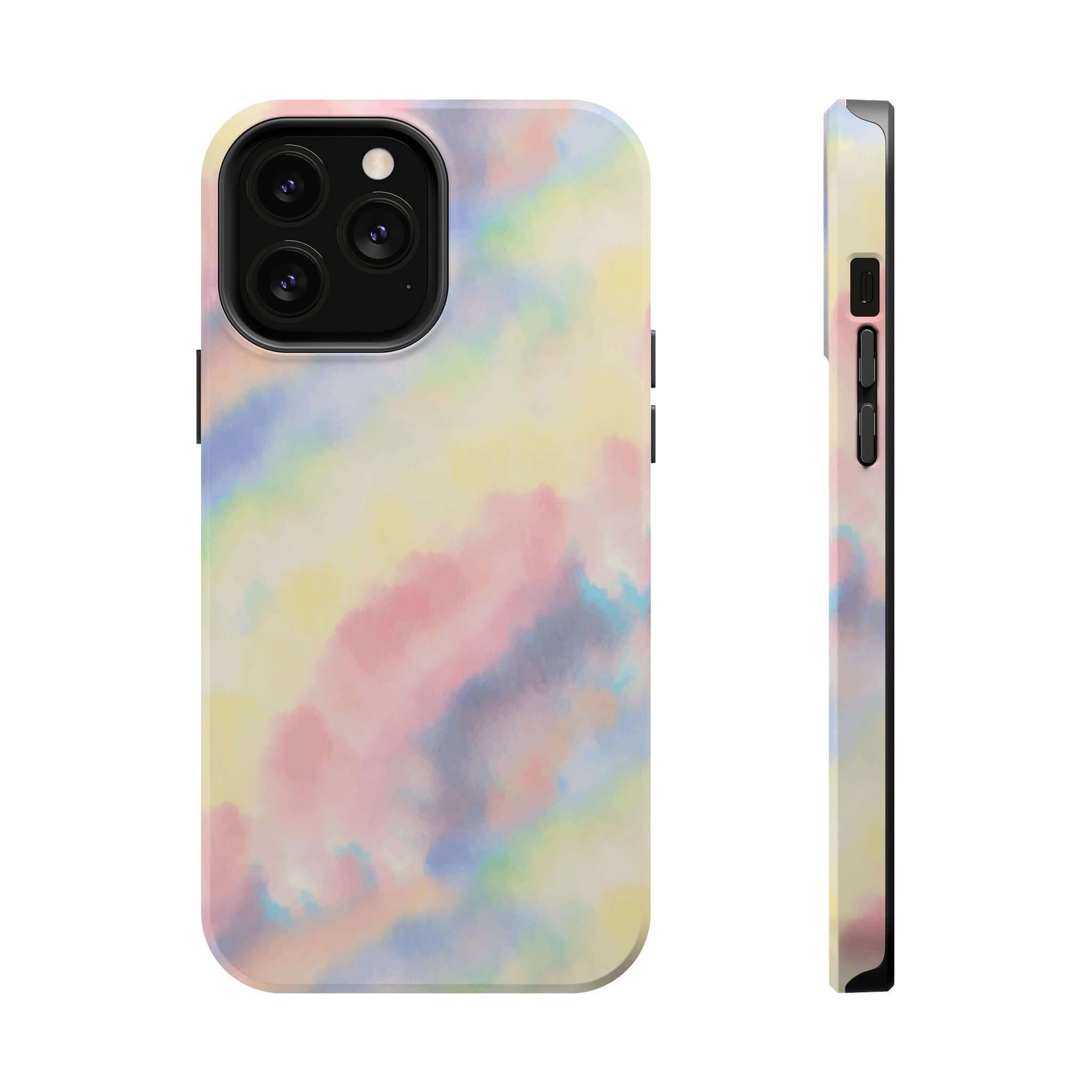 Cute iPhone case with pastel tie dye design, Unicorn Dreams, featuring MagSafe compatibility for a unique phone case design.