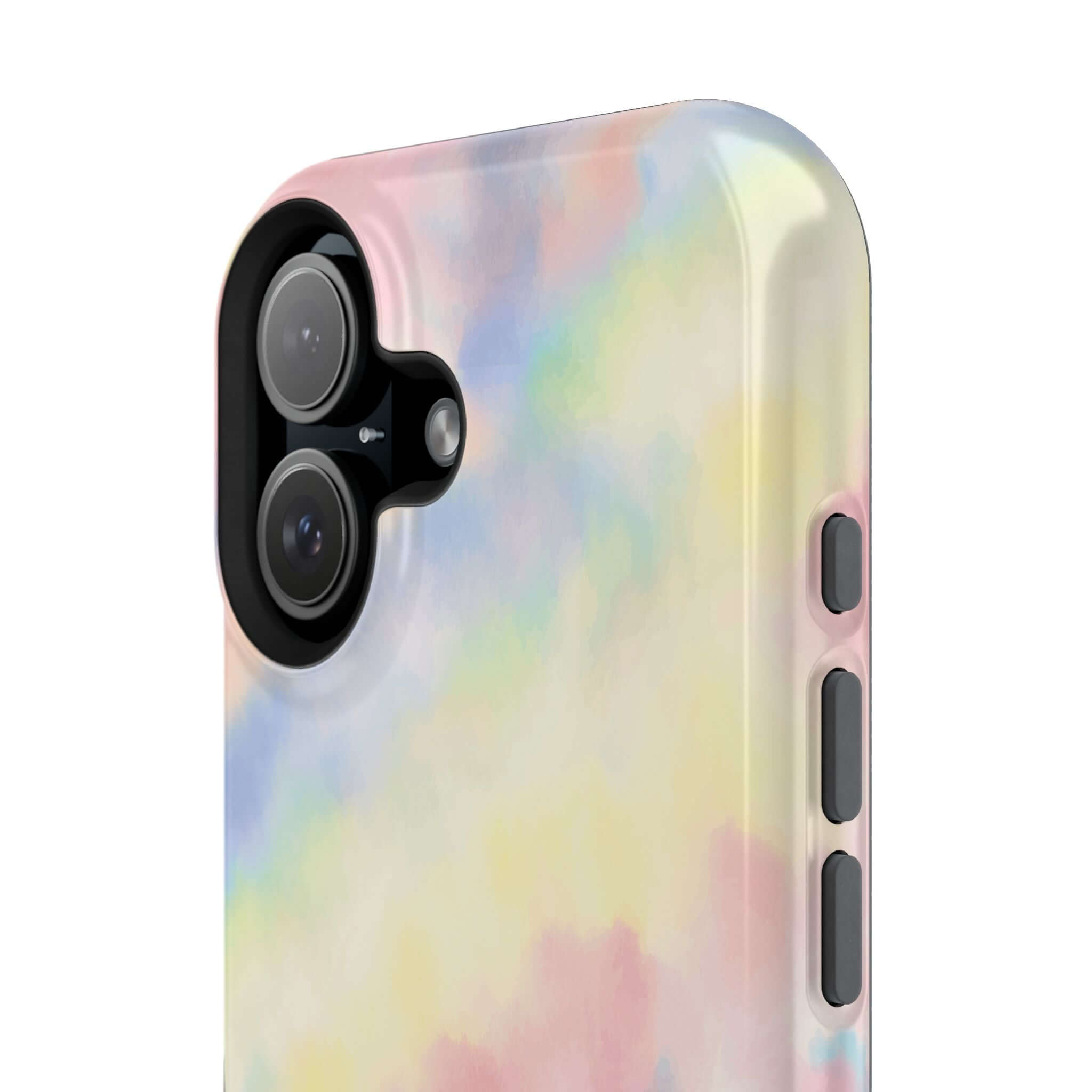 Cute iPhone case with pastel tie dye design, Unicorn Dreams, MagSafe compatible, colorful phone case design, custom iPhone case.