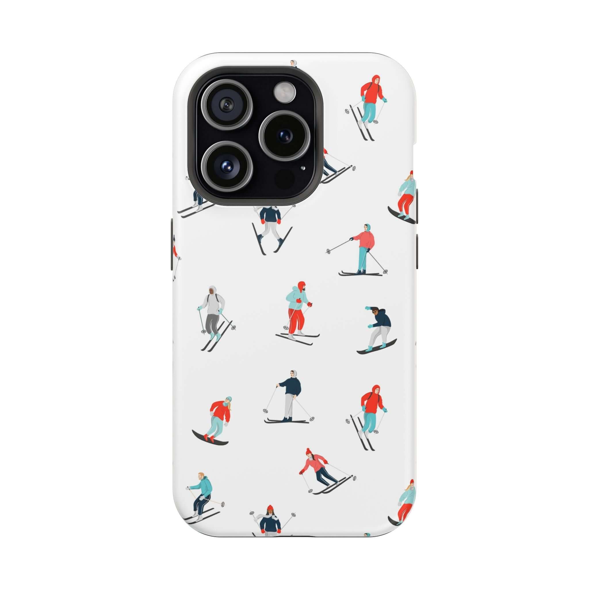 Cute phone cover featuring playful skiers design, perfect winter skiing case for iPhone lovers and winter sports fans.