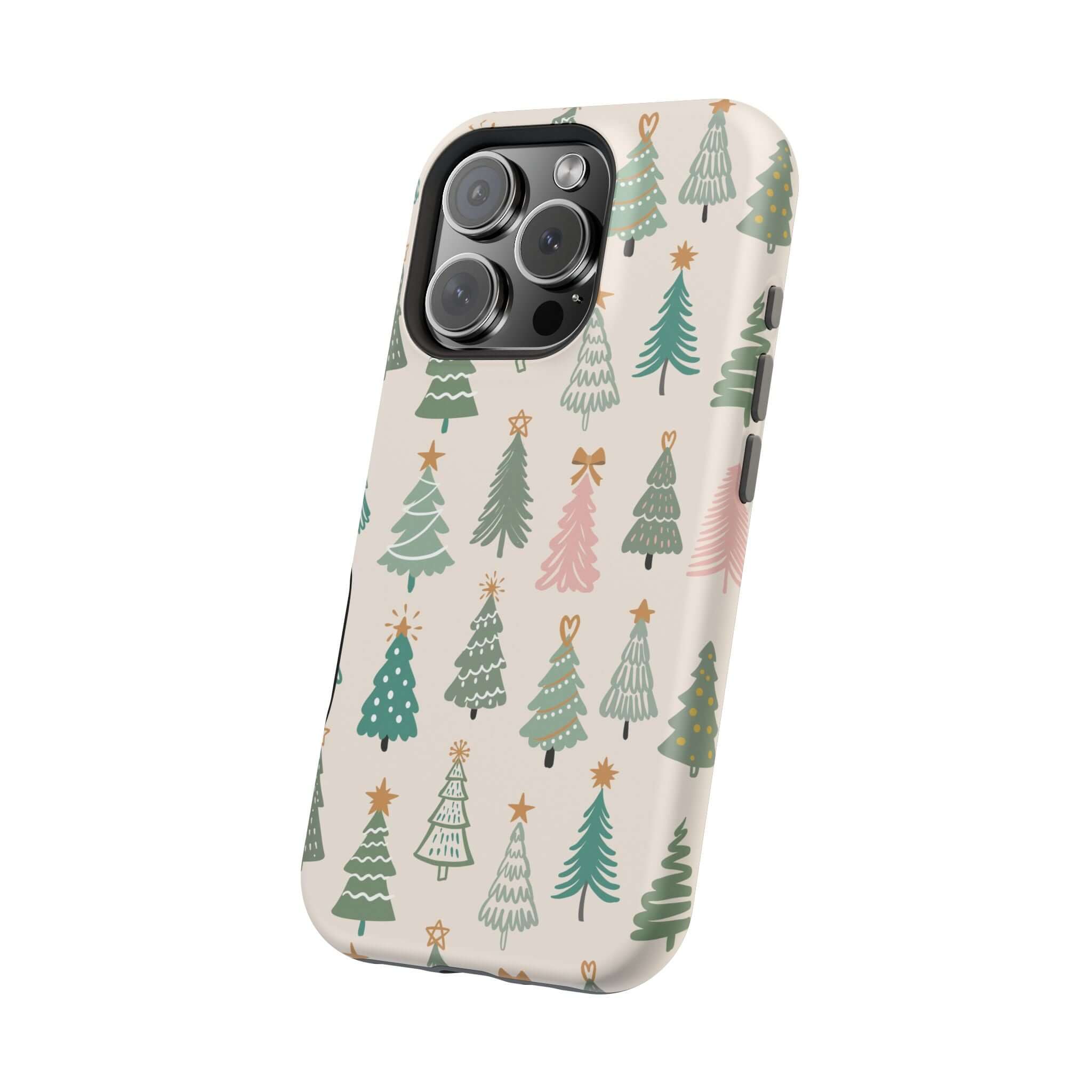 Festive O Christmas Tree MagSafe case with holiday tree design for cute Xmas phone protection.