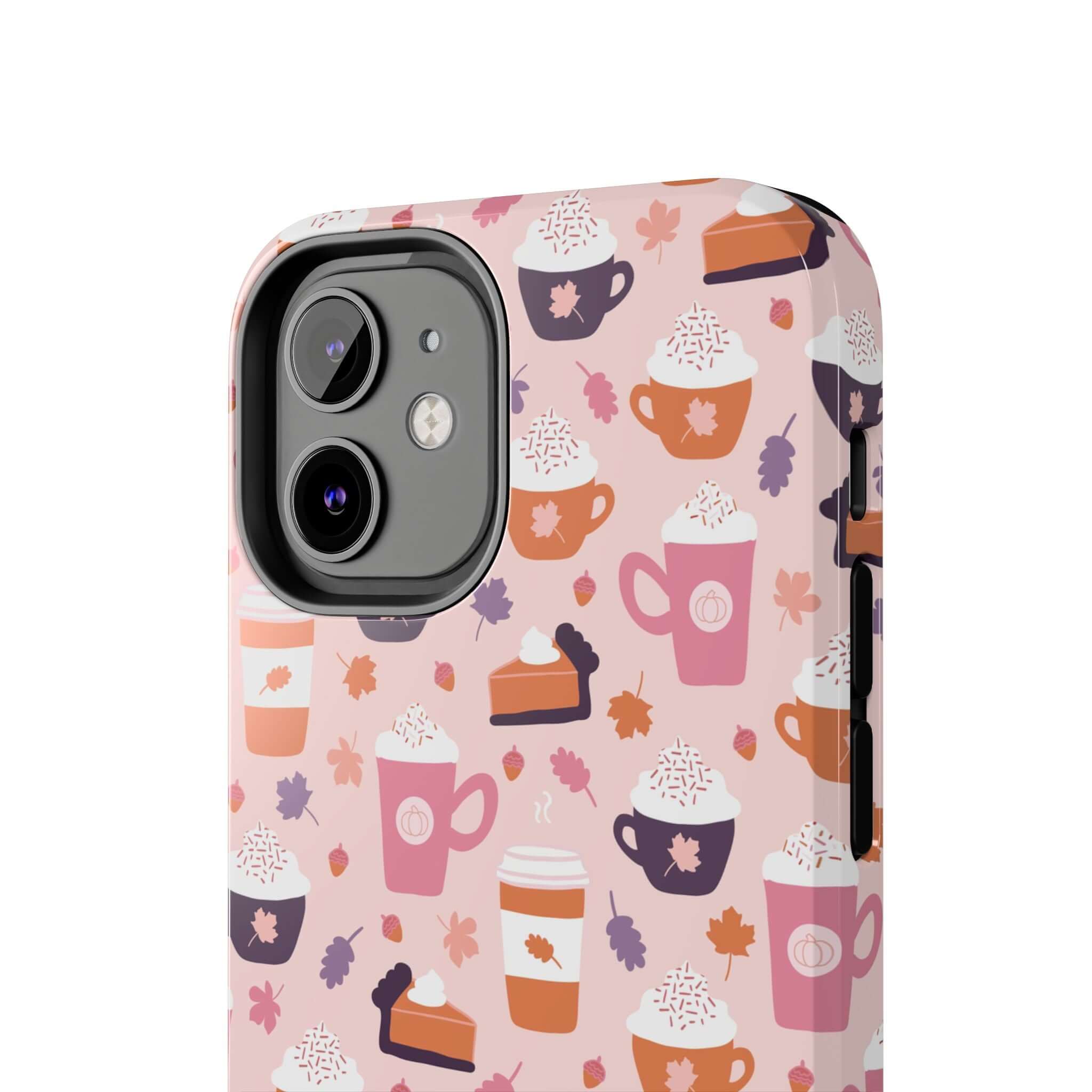 Cute PSL Vibes iPhone 15 case with fall-themed pumpkin spice latte, coffee cups, and pie design for pumpkin spice lovers.