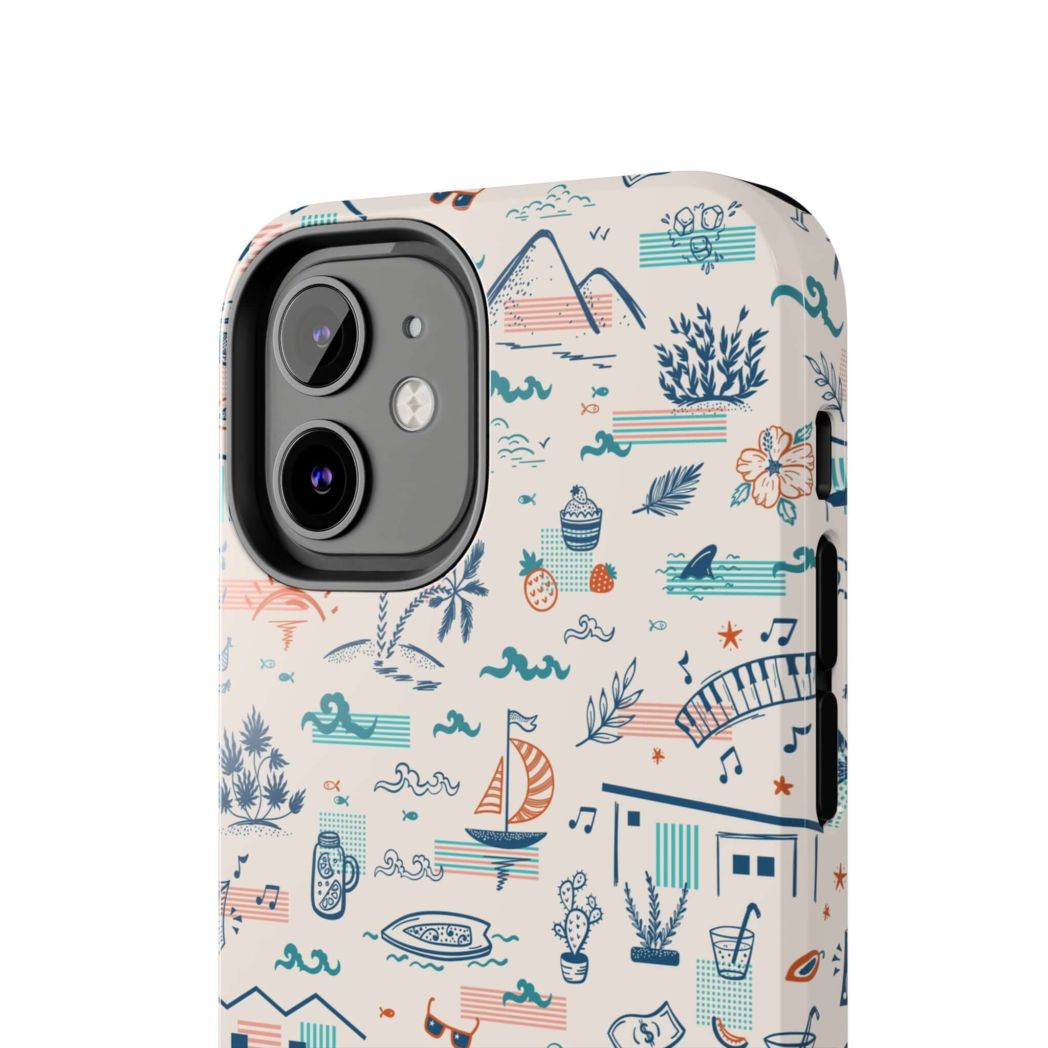 Colorful Forever on Vacation iPhone 14 Pro Max case with playful summer illustrations in blue, orange, and green.