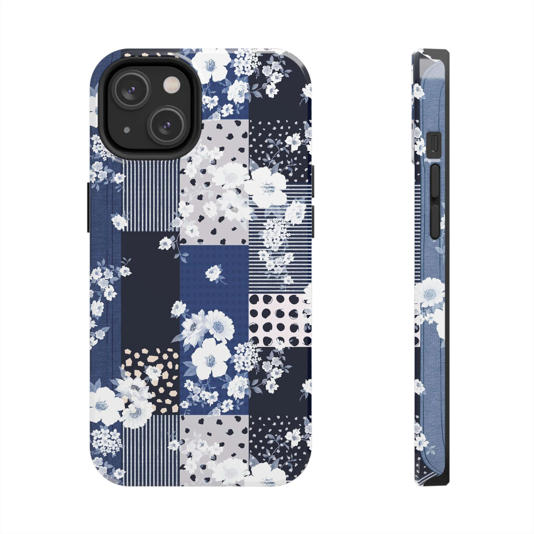 Sorority Book Club blue floral phone case with patchwork design, cute iPhone case, phone cover with flowers, compatible with Samsung