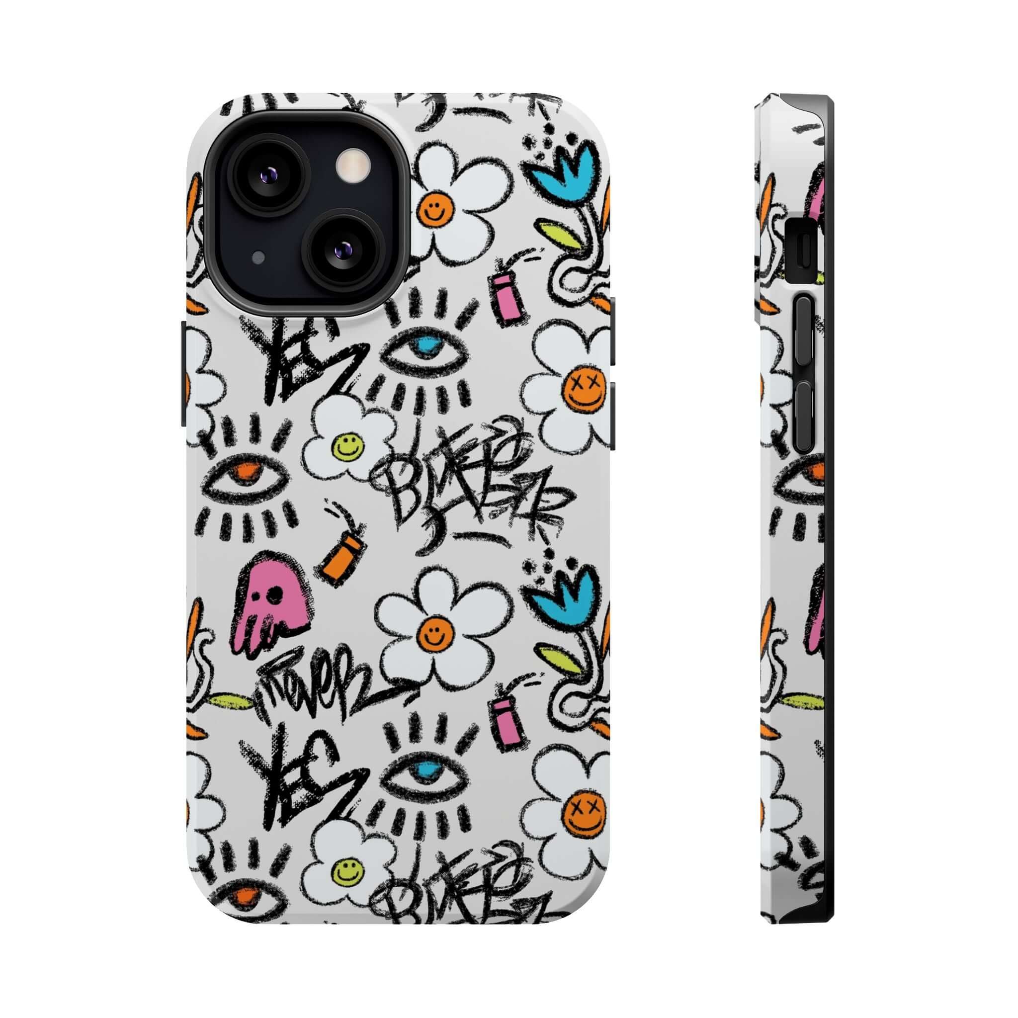 Happy Chaos Floral Graffiti Case for iPhone, featuring cute design with vibrant colors and playful graffiti elements.