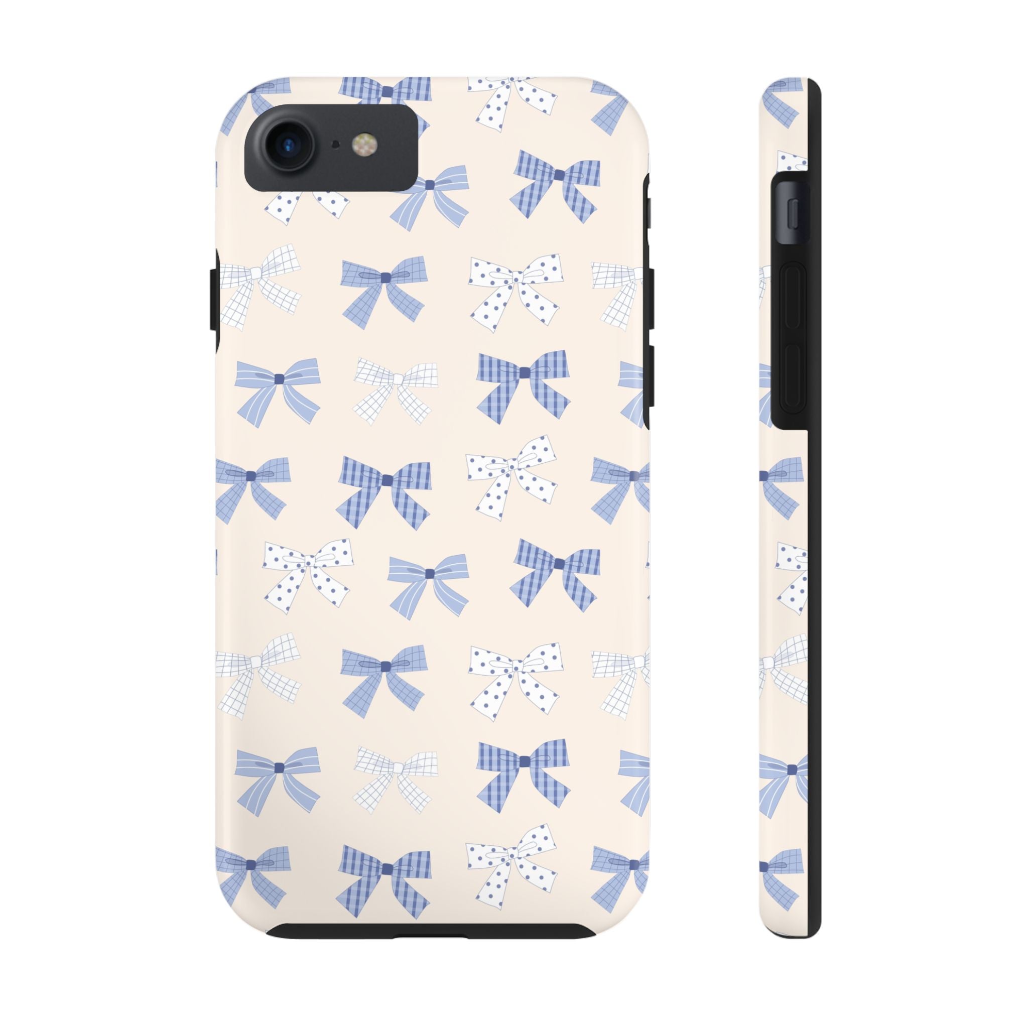 Cute phone case for iPhone 16 with blue bows design, perfect for bride-to-be, adds fun and protection to your device.